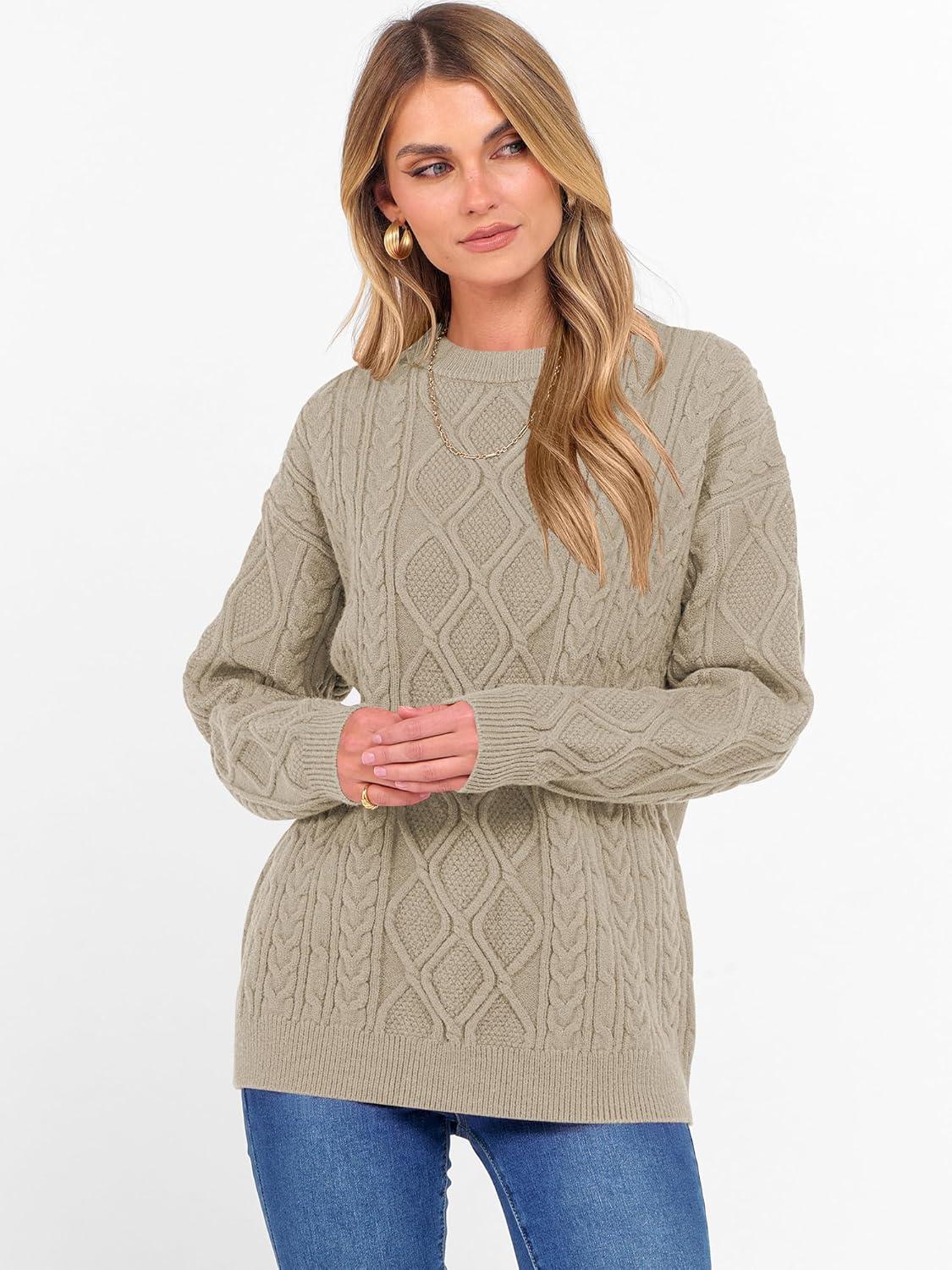 imageANRABESS Women Oversized Chunky Cable Knitted Vintage Sweater 2025 Fall Winter OutfitsKhaki