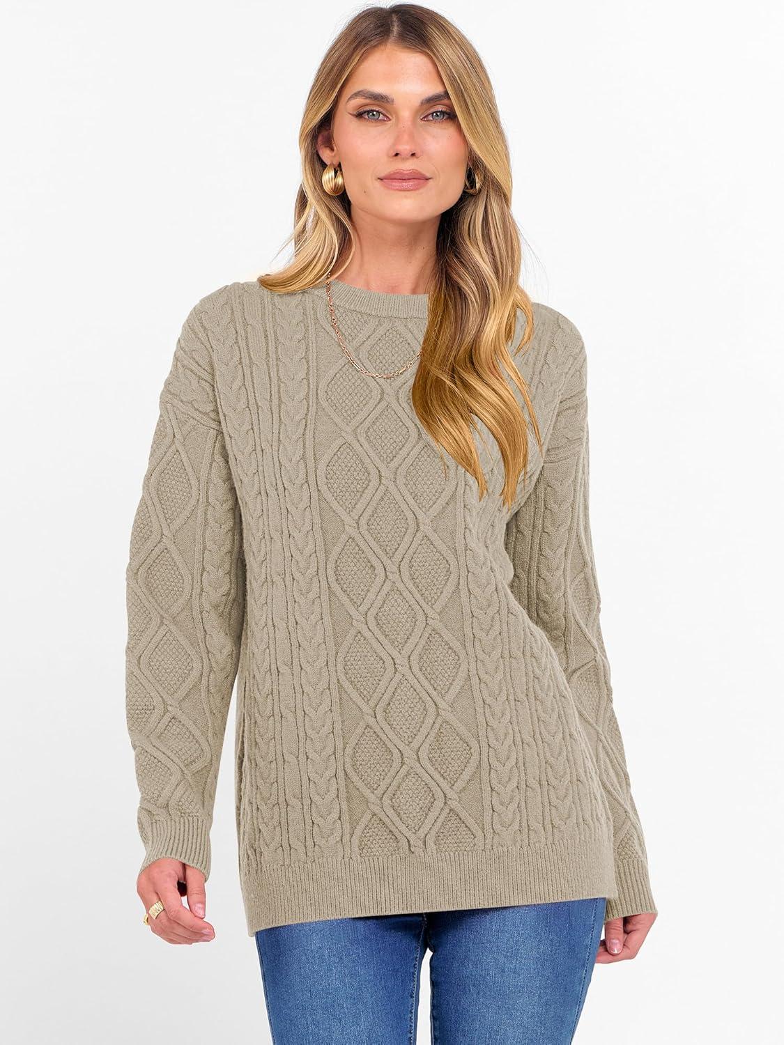 imageANRABESS Women Oversized Chunky Cable Knitted Vintage Sweater 2025 Fall Winter OutfitsKhaki