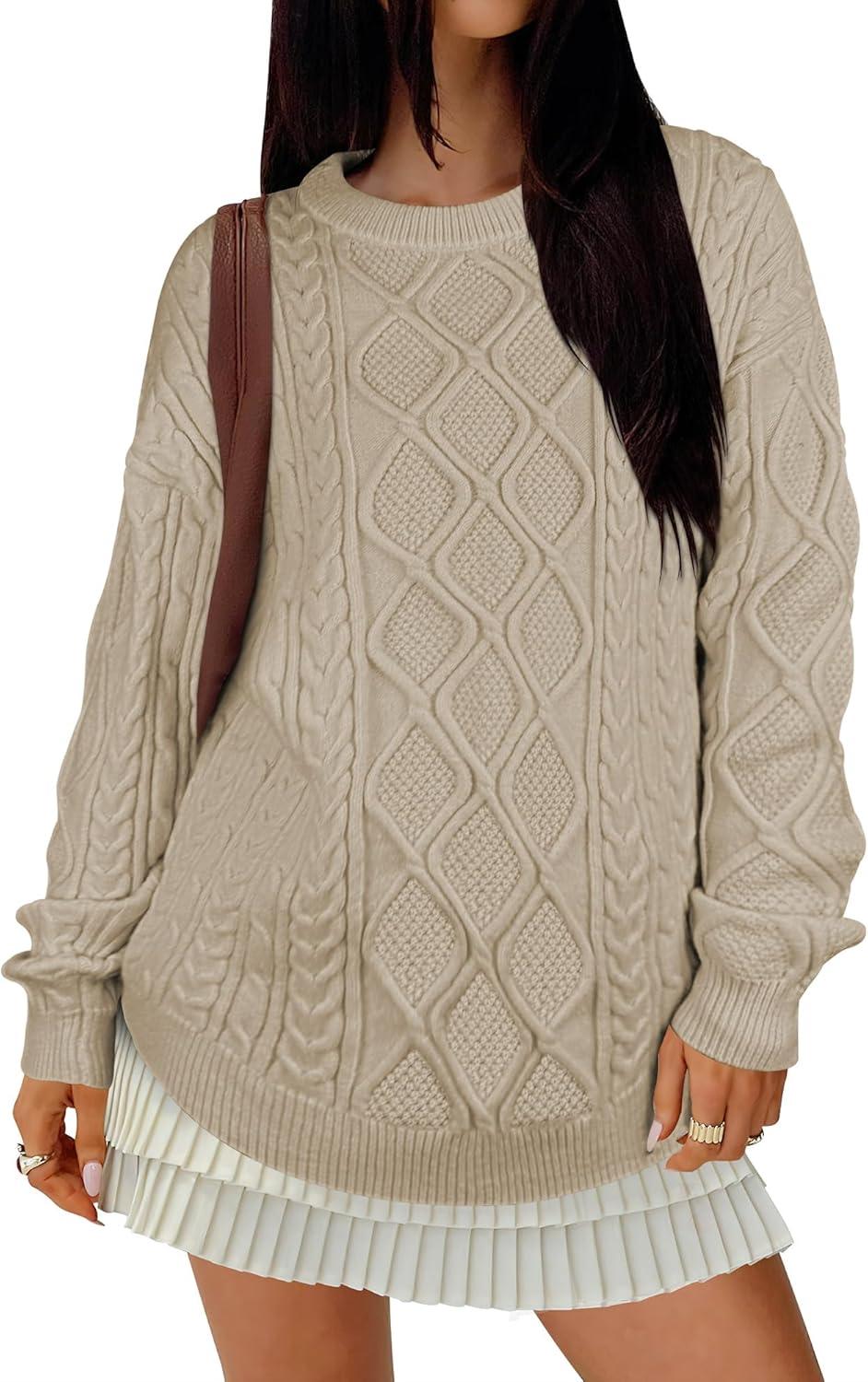 imageANRABESS Women Oversized Chunky Cable Knitted Vintage Sweater 2025 Fall Winter OutfitsKhaki