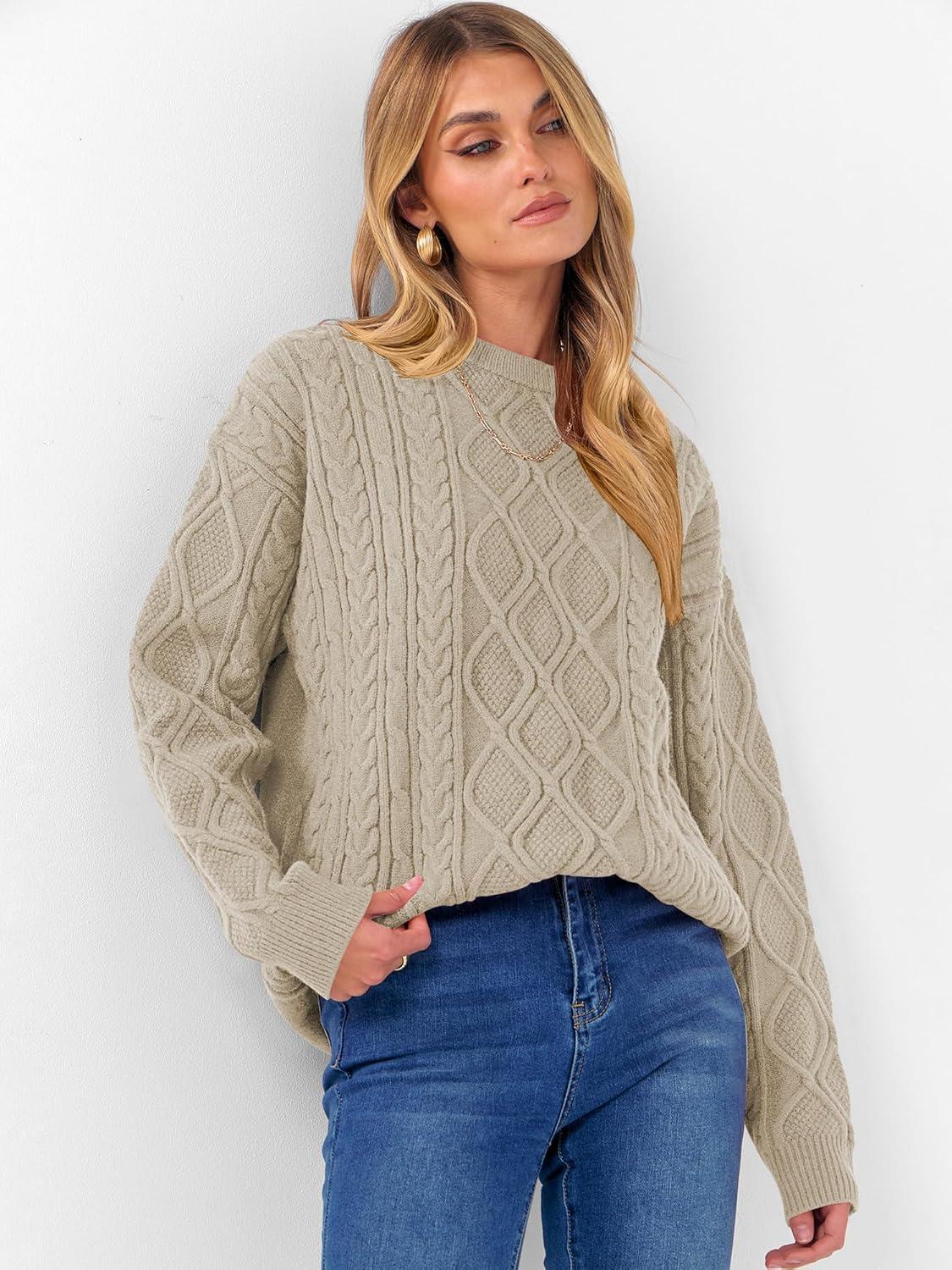 imageANRABESS Women Oversized Chunky Cable Knitted Vintage Sweater 2025 Fall Winter OutfitsKhaki