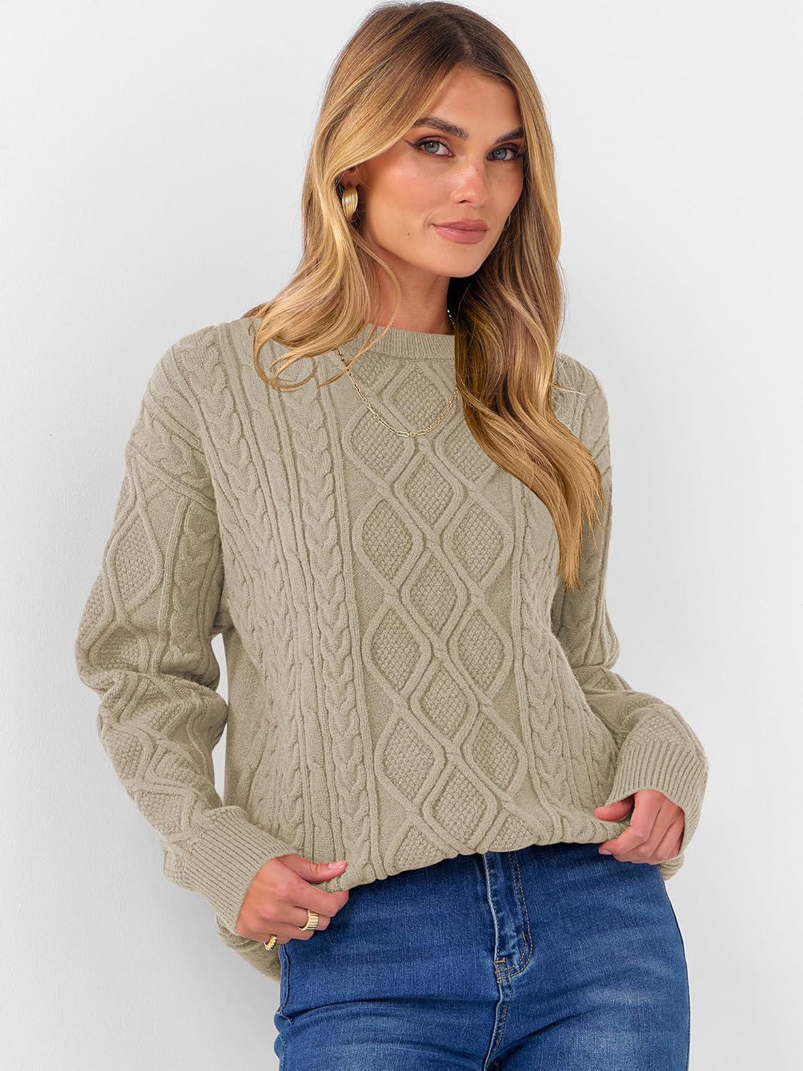 imageANRABESS Women Oversized Chunky Cable Knitted Vintage Sweater 2025 Fall Winter OutfitsKhaki