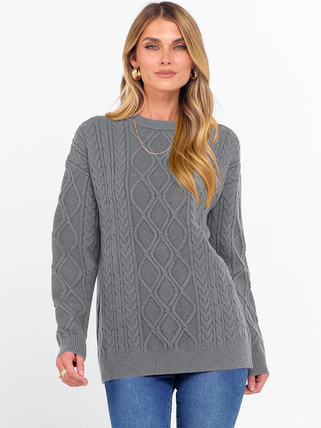 imageANRABESS Women Oversized Chunky Cable Knitted Vintage Sweater 2025 Fall Winter OutfitsLight Grey