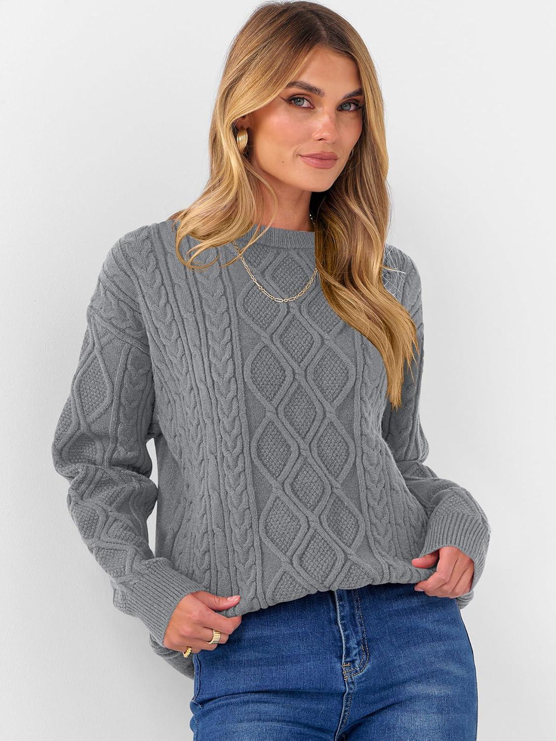 imageANRABESS Women Oversized Chunky Cable Knitted Vintage Sweater 2025 Fall Winter OutfitsLight Grey