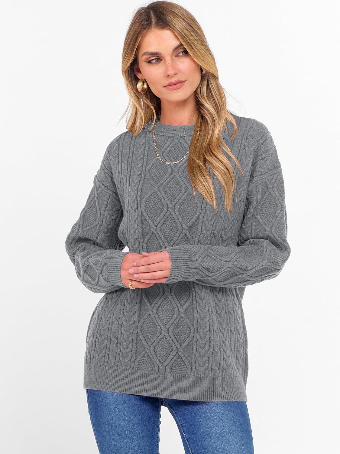 imageANRABESS Women Oversized Chunky Cable Knitted Vintage Sweater 2025 Fall Winter OutfitsLight Grey