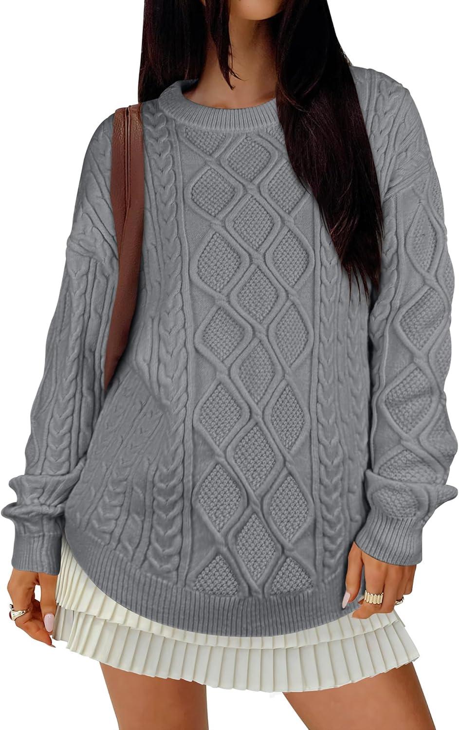 imageANRABESS Women Oversized Chunky Cable Knitted Vintage Sweater 2025 Fall Winter OutfitsLight Grey