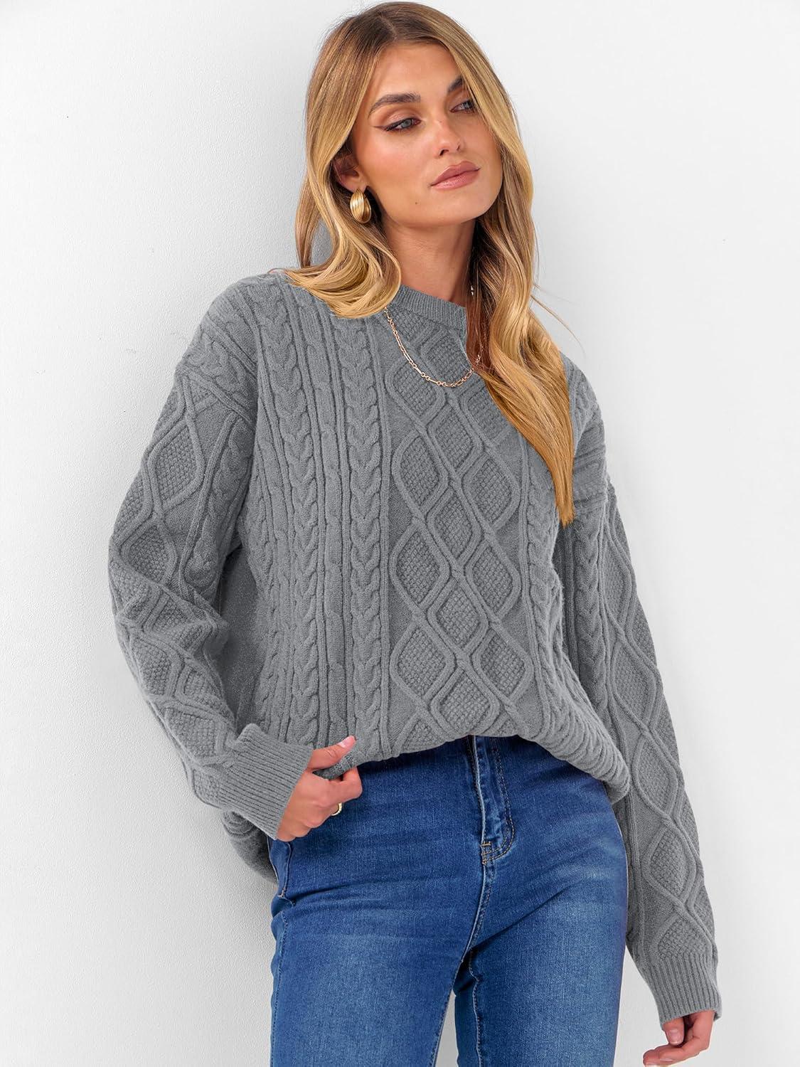imageANRABESS Women Oversized Chunky Cable Knitted Vintage Sweater 2025 Fall Winter OutfitsLight Grey