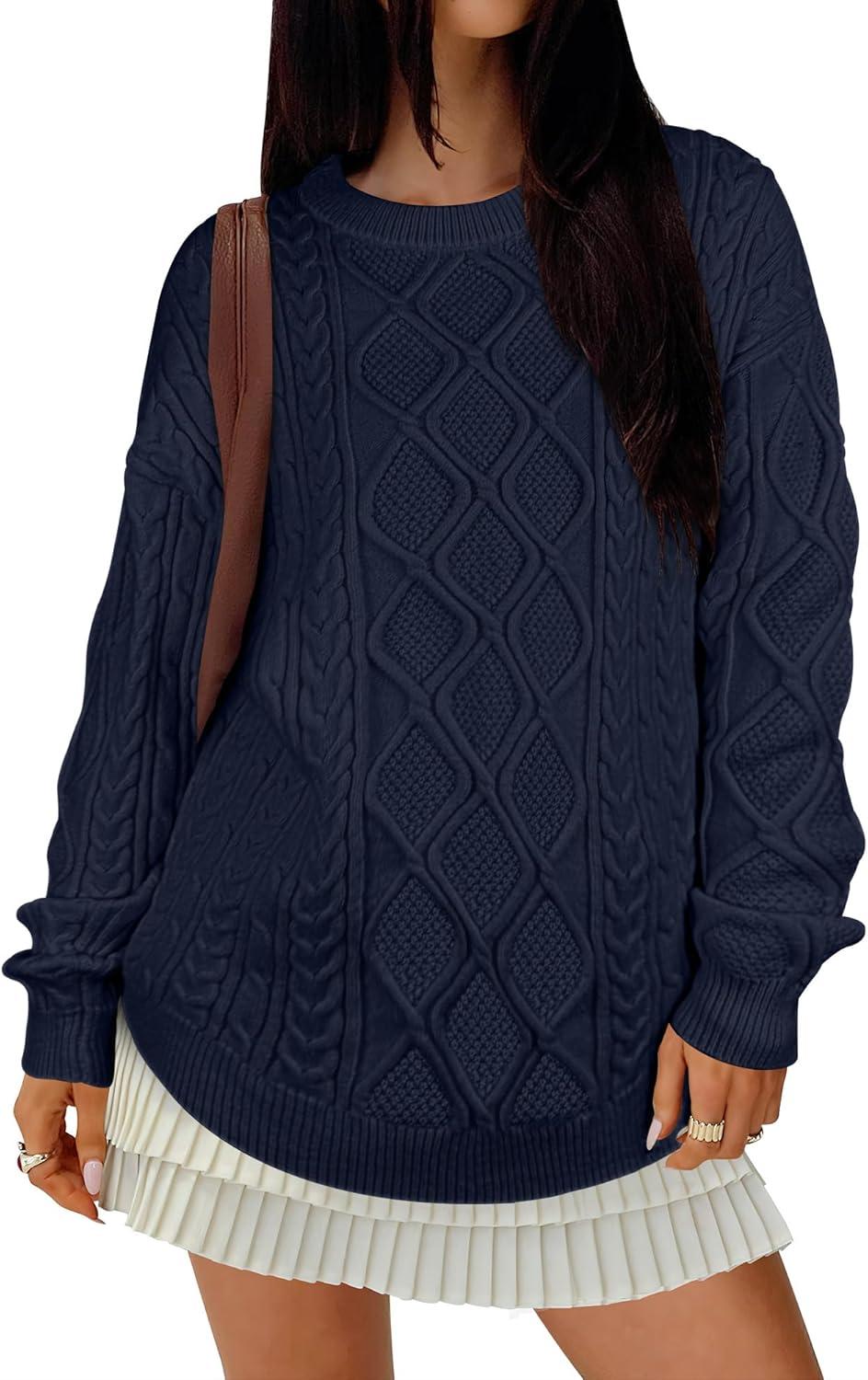 imageANRABESS Women Oversized Chunky Cable Knitted Vintage Sweater 2025 Fall Winter OutfitsNavy Blue