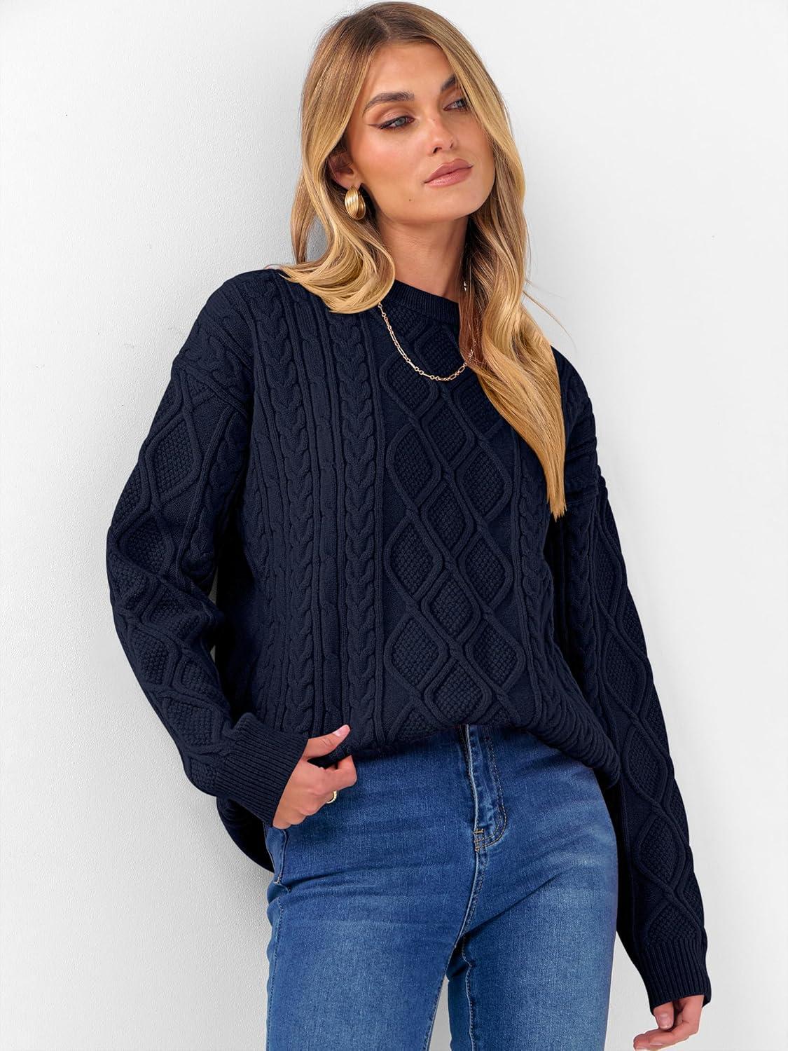 imageANRABESS Women Oversized Chunky Cable Knitted Vintage Sweater 2025 Fall Winter OutfitsNavy Blue