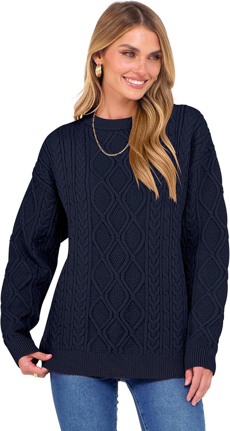 imageANRABESS Women Oversized Chunky Cable Knitted Vintage Sweater 2025 Fall Winter OutfitsNavy Blue