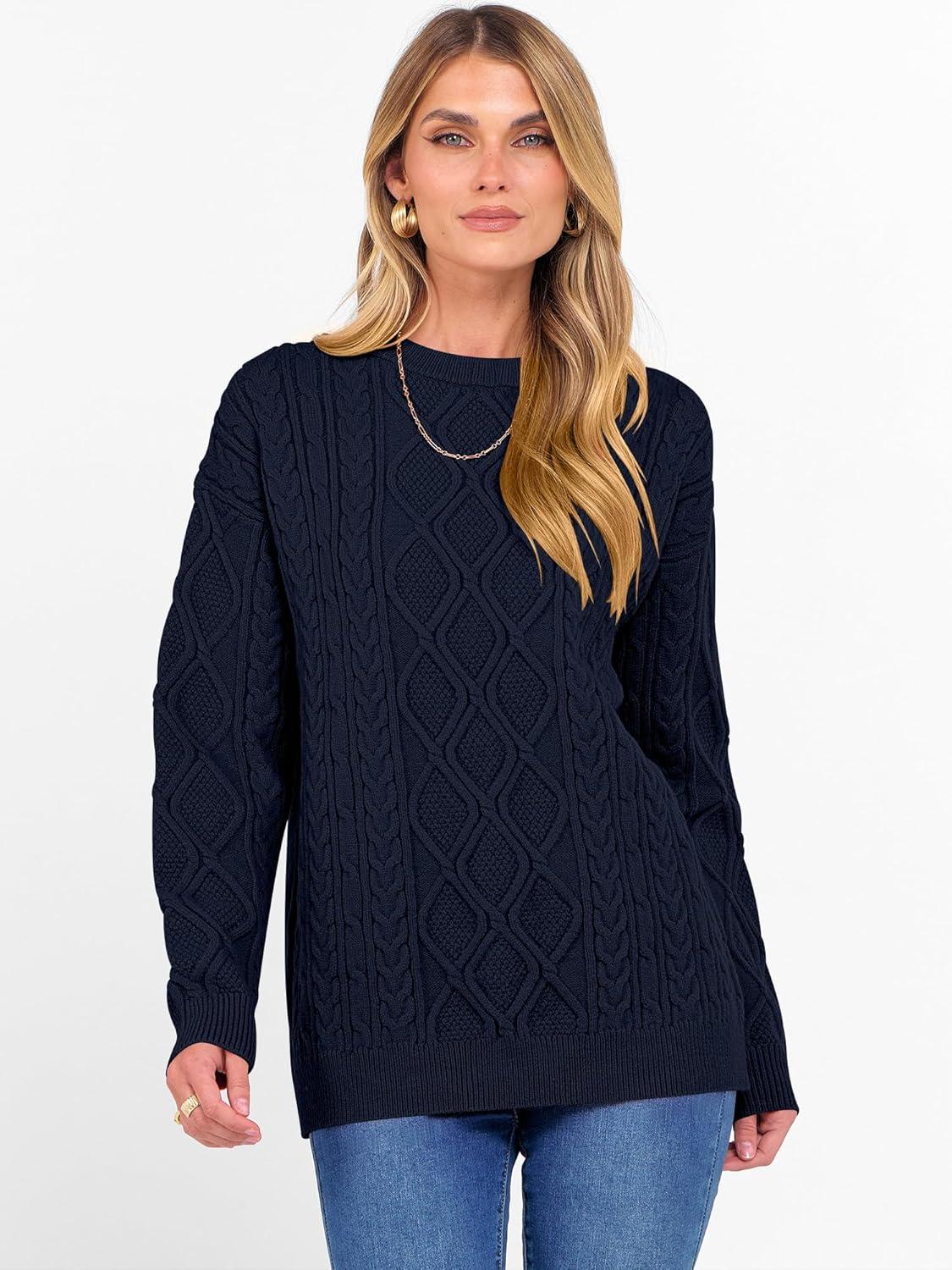 imageANRABESS Women Oversized Chunky Cable Knitted Vintage Sweater 2025 Fall Winter OutfitsNavy Blue