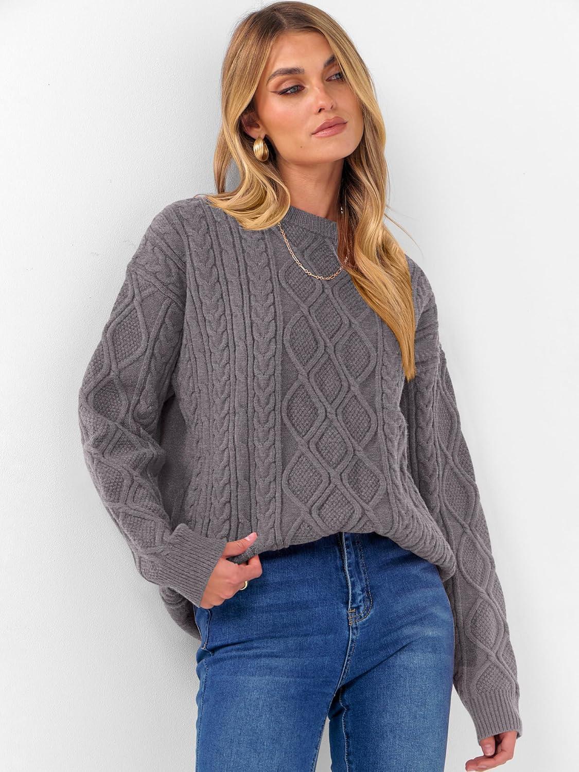 imageANRABESS Women Oversized Chunky Cable Knitted Vintage Sweater 2025 Fall Winter OutfitsNutmeg