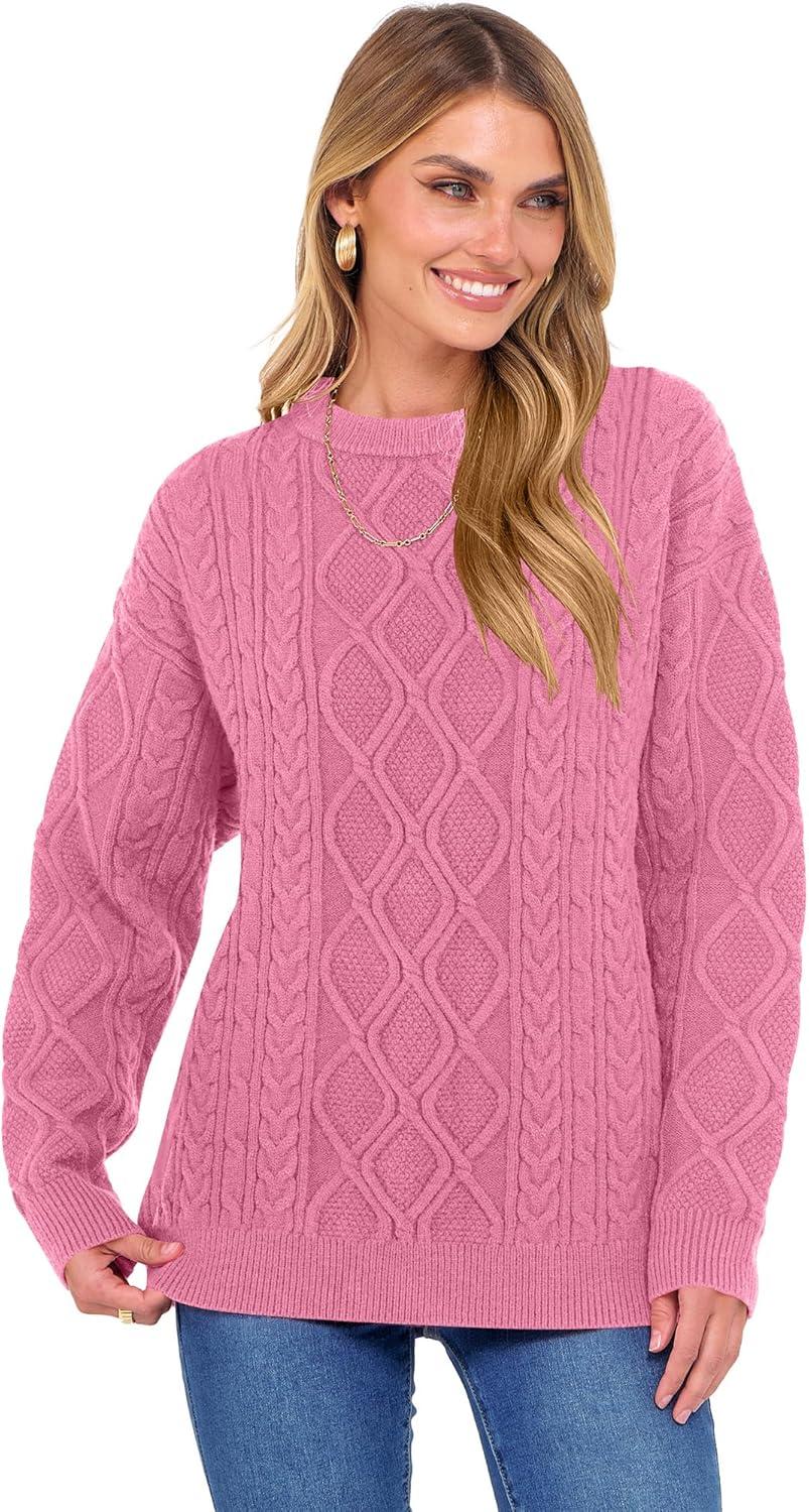 imageANRABESS Women Oversized Chunky Cable Knitted Vintage Sweater 2025 Fall Winter OutfitsPink