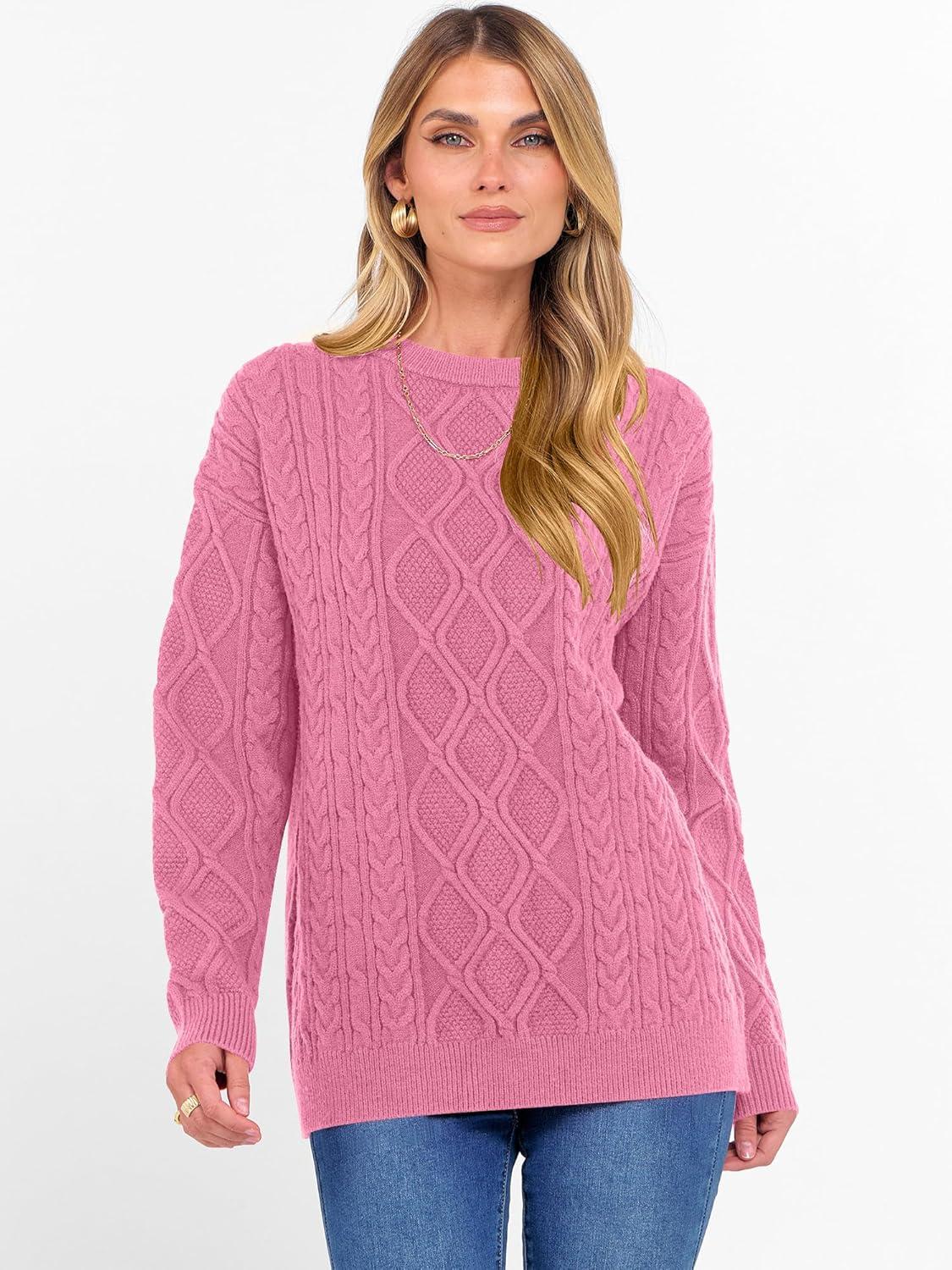 imageANRABESS Women Oversized Chunky Cable Knitted Vintage Sweater 2025 Fall Winter OutfitsPink