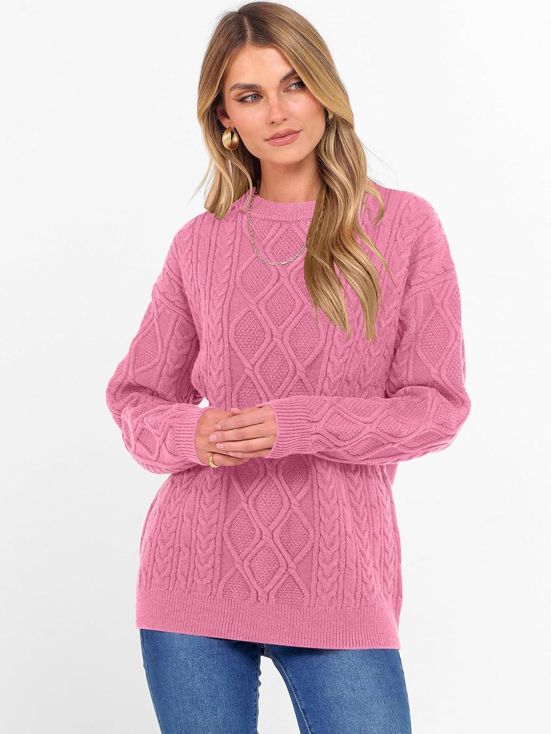 imageANRABESS Women Oversized Chunky Cable Knitted Vintage Sweater 2025 Fall Winter OutfitsPink