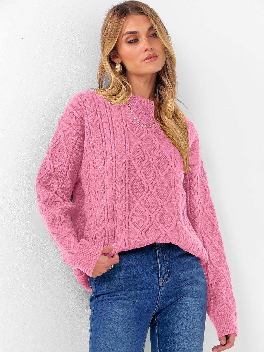 imageANRABESS Women Oversized Chunky Cable Knitted Vintage Sweater 2025 Fall Winter OutfitsPink