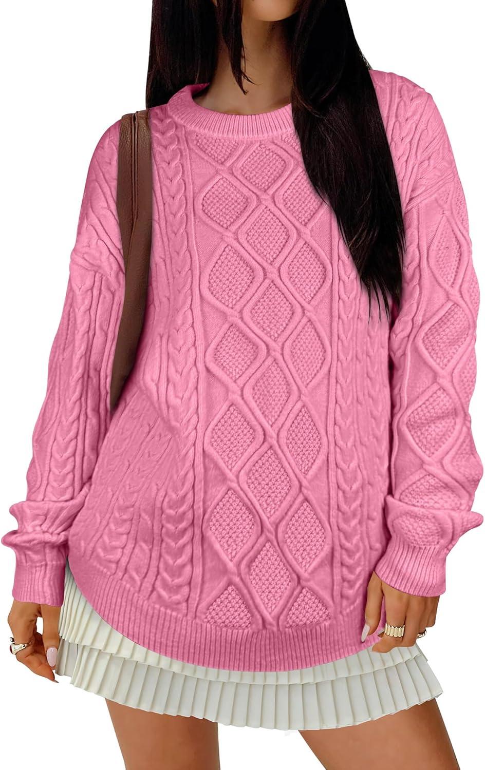 imageANRABESS Women Oversized Chunky Cable Knitted Vintage Sweater 2025 Fall Winter OutfitsPink
