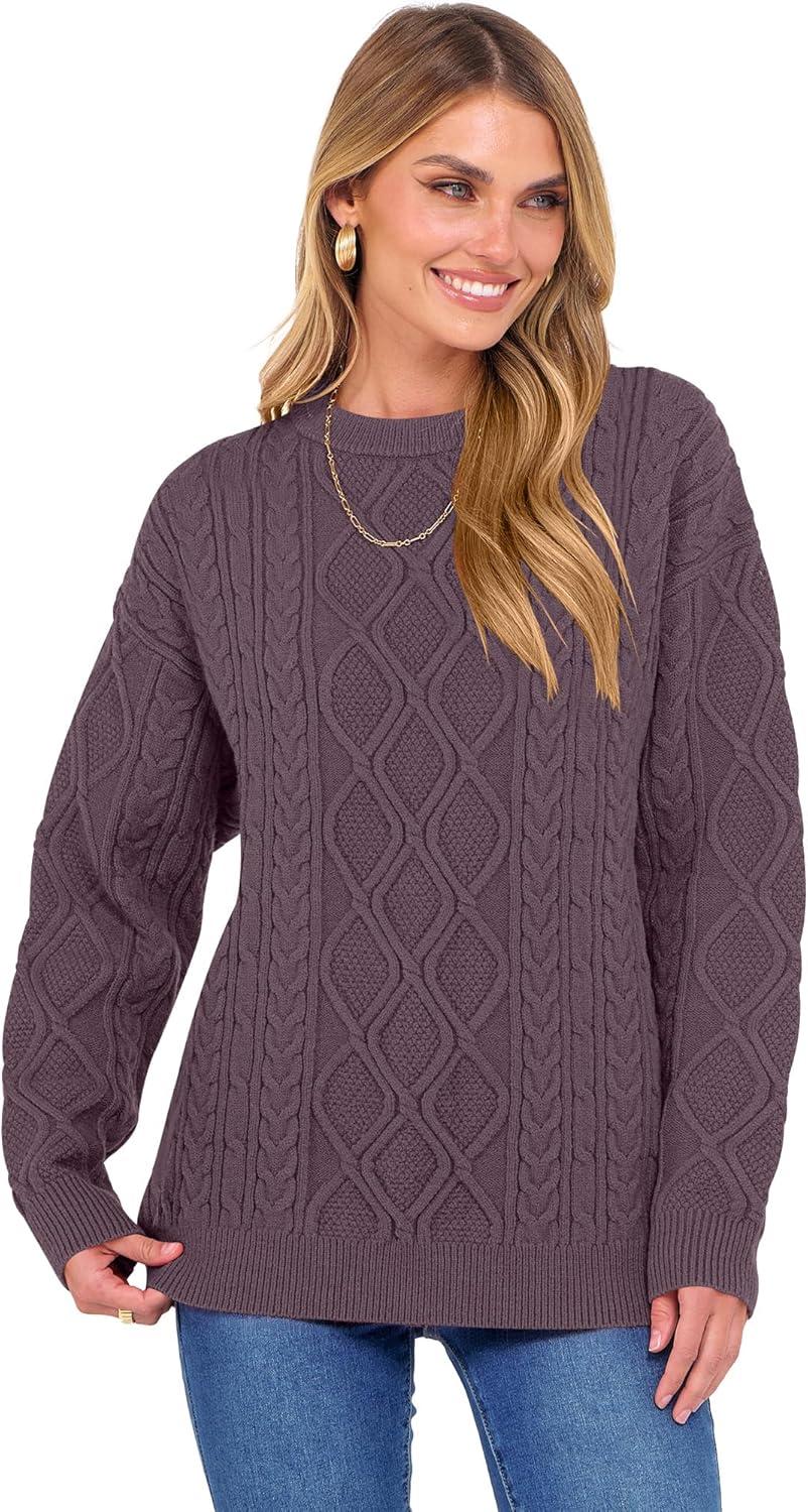 imageANRABESS Women Oversized Chunky Cable Knitted Vintage Sweater 2025 Fall Winter OutfitsPurple