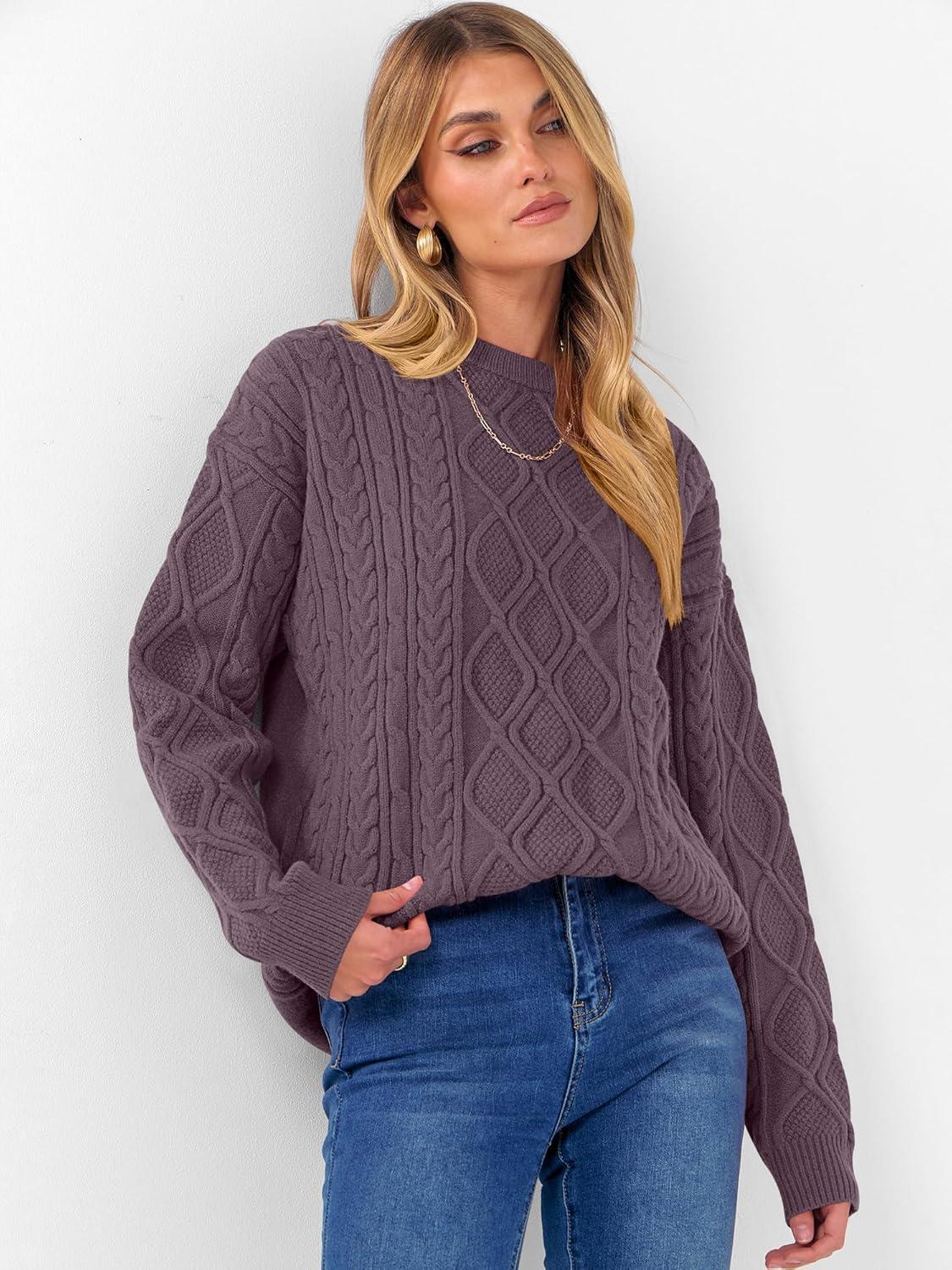 imageANRABESS Women Oversized Chunky Cable Knitted Vintage Sweater 2025 Fall Winter OutfitsPurple