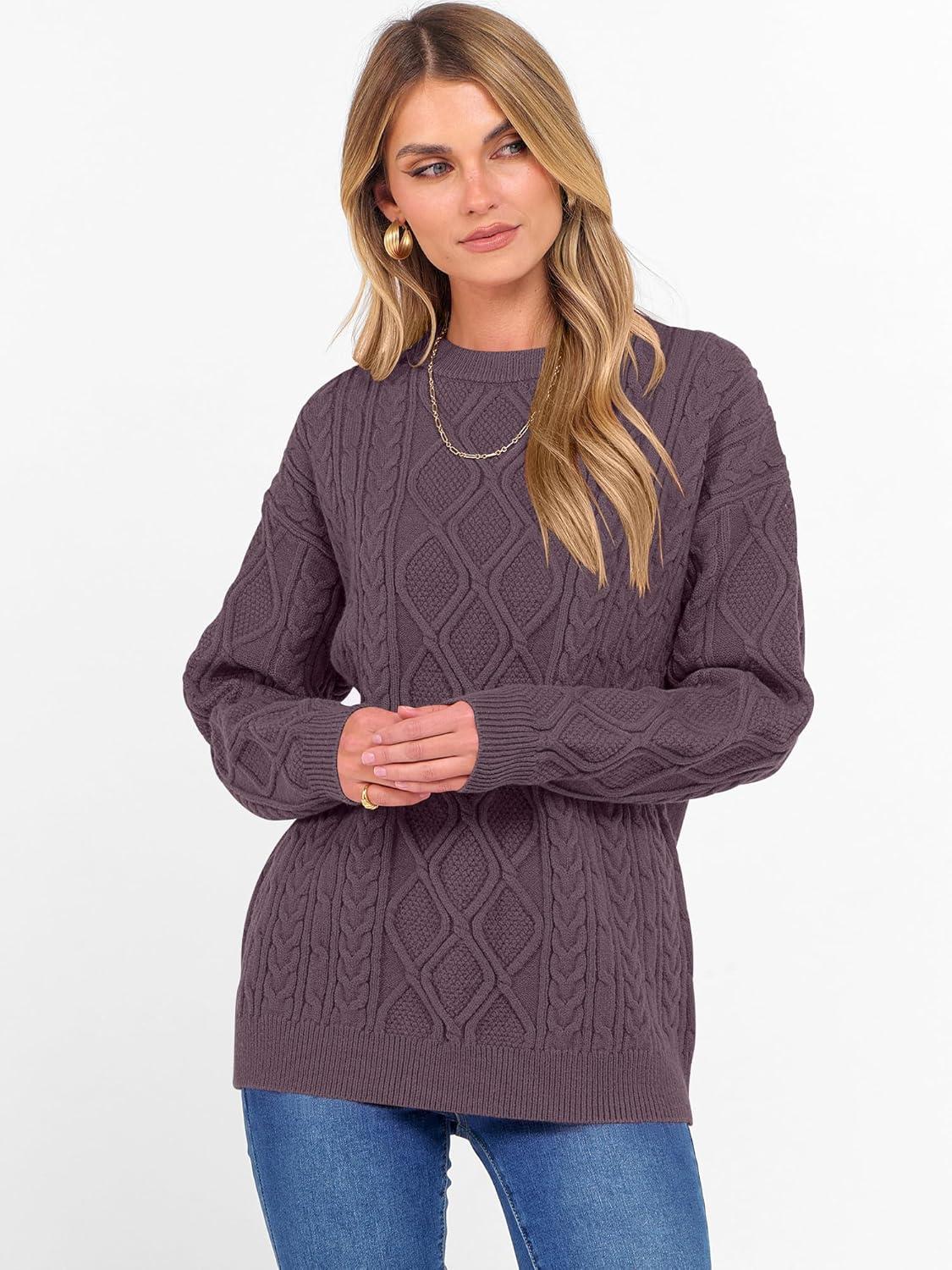 imageANRABESS Women Oversized Chunky Cable Knitted Vintage Sweater 2025 Fall Winter OutfitsPurple