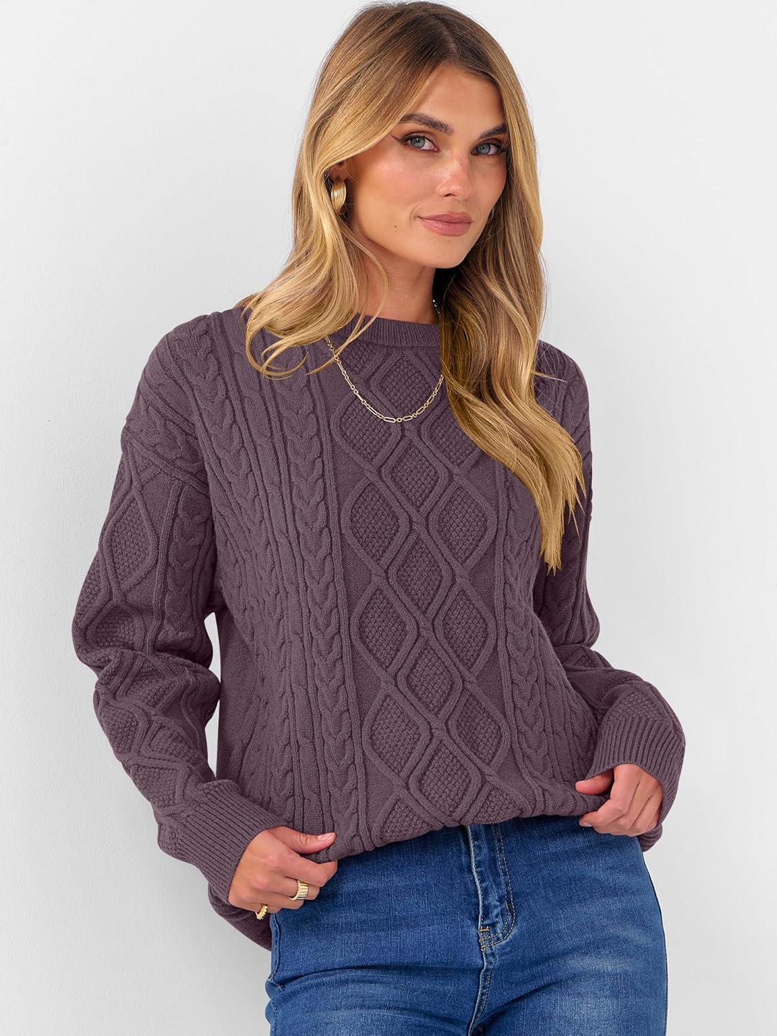 imageANRABESS Women Oversized Chunky Cable Knitted Vintage Sweater 2025 Fall Winter OutfitsPurple