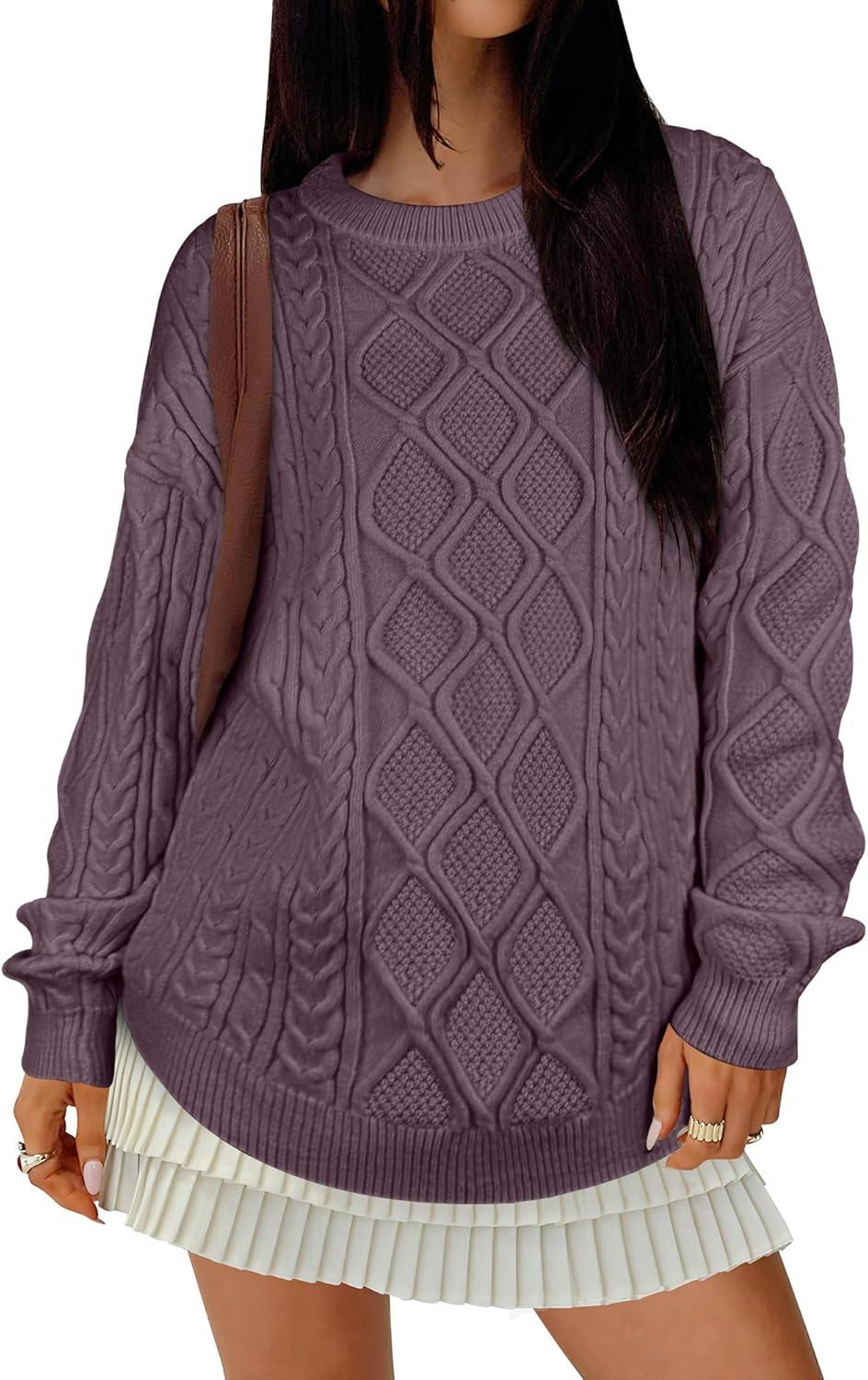 imageANRABESS Women Oversized Chunky Cable Knitted Vintage Sweater 2025 Fall Winter OutfitsPurple