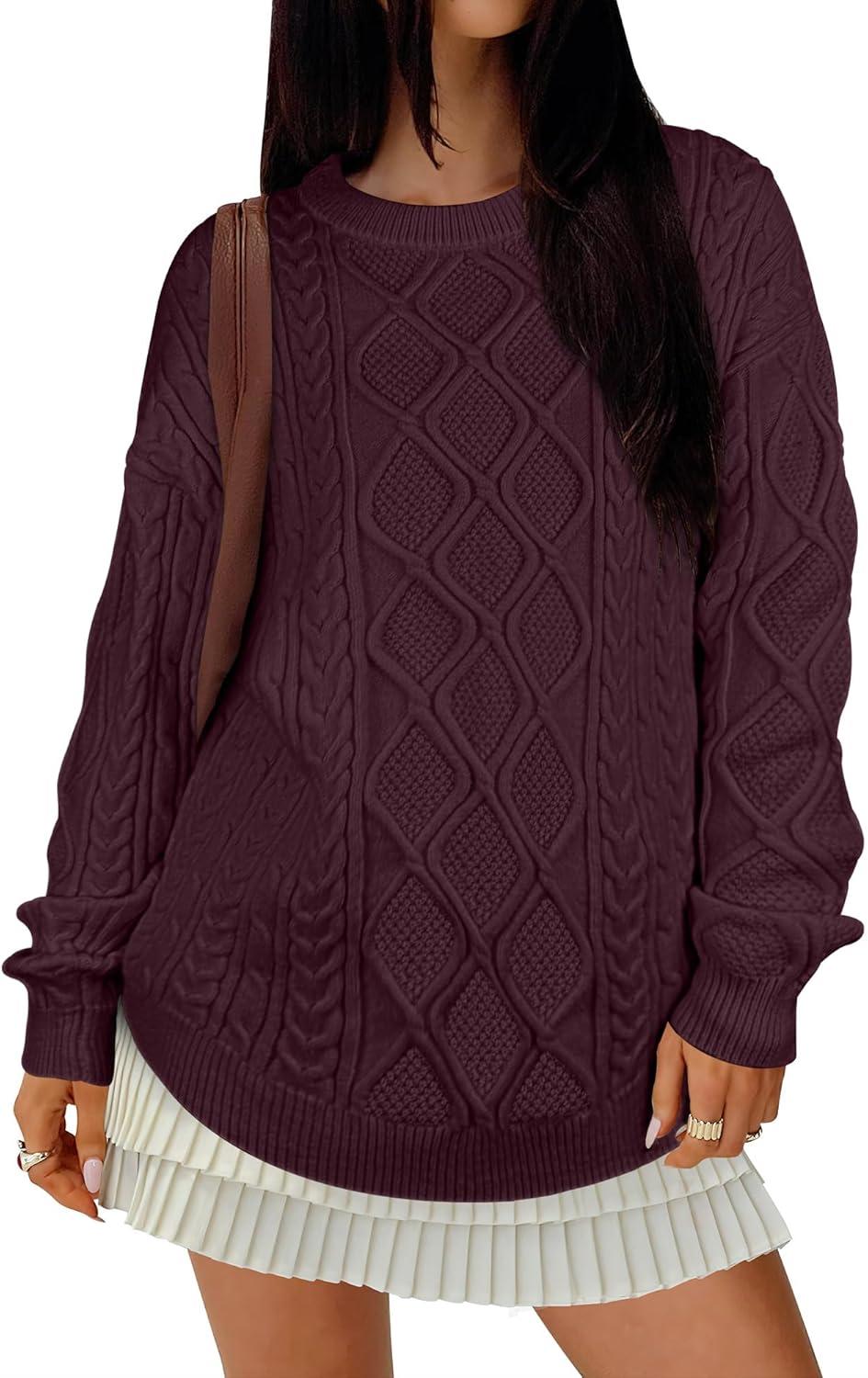 imageANRABESS Women Oversized Chunky Cable Knitted Vintage Sweater 2025 Fall Winter OutfitsWine Red