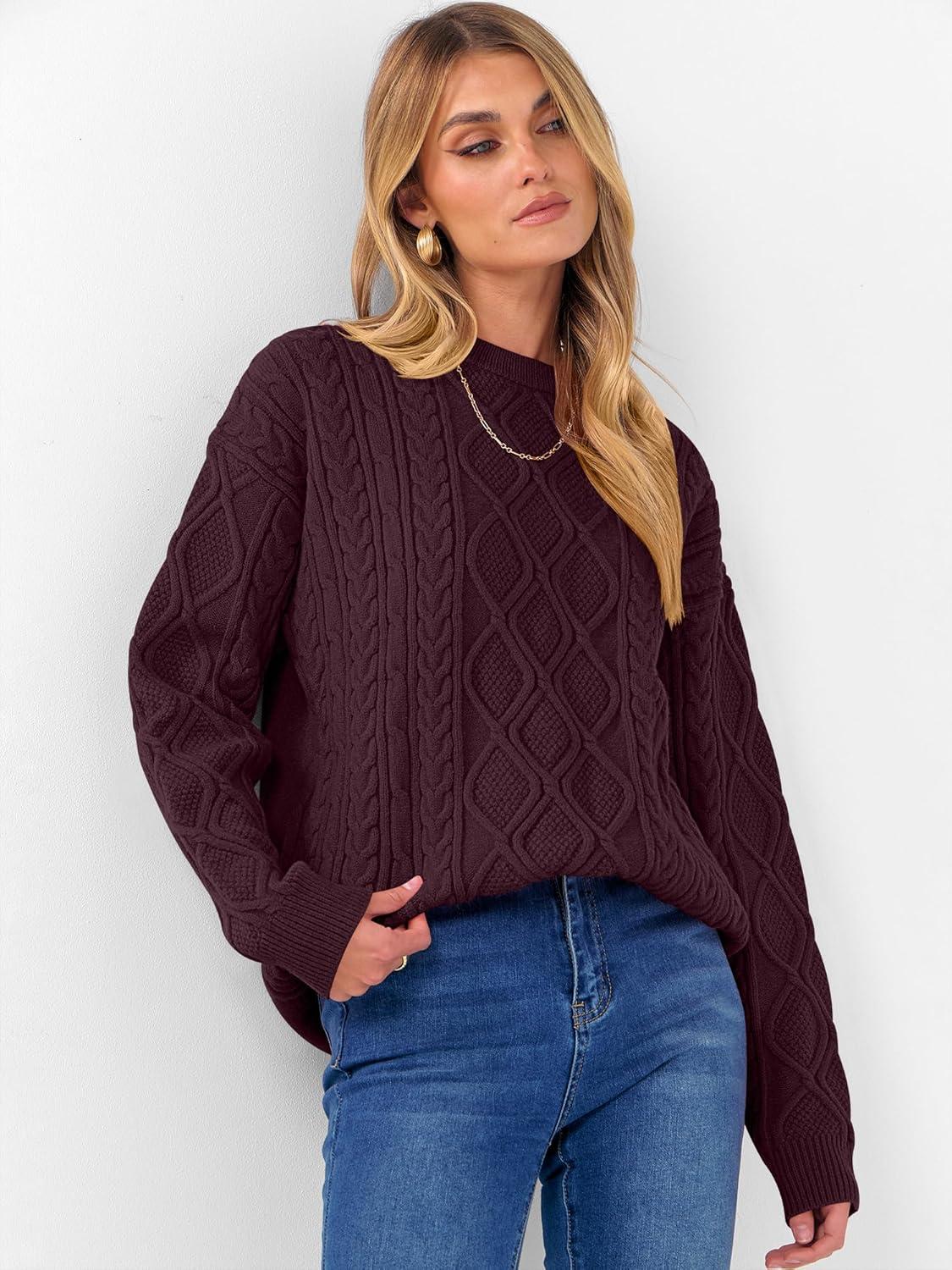 imageANRABESS Women Oversized Chunky Cable Knitted Vintage Sweater 2025 Fall Winter OutfitsWine Red