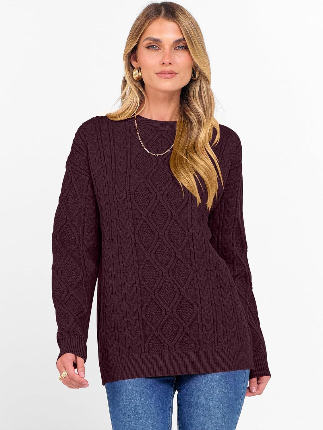 imageANRABESS Women Oversized Chunky Cable Knitted Vintage Sweater 2025 Fall Winter OutfitsWine Red