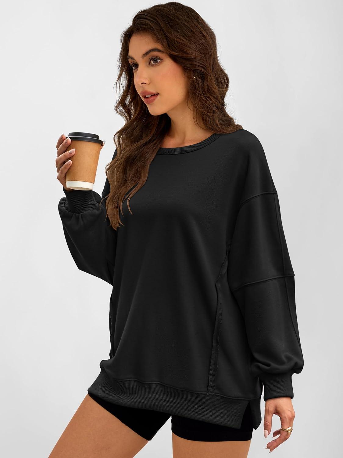 imageANRABESS Women Oversized Long Sleeve Sweatshirts Crewneck Side Slit Loose Teen Girl Pullover Top 2025 Fall Y2K Trendy OutfitsBlack