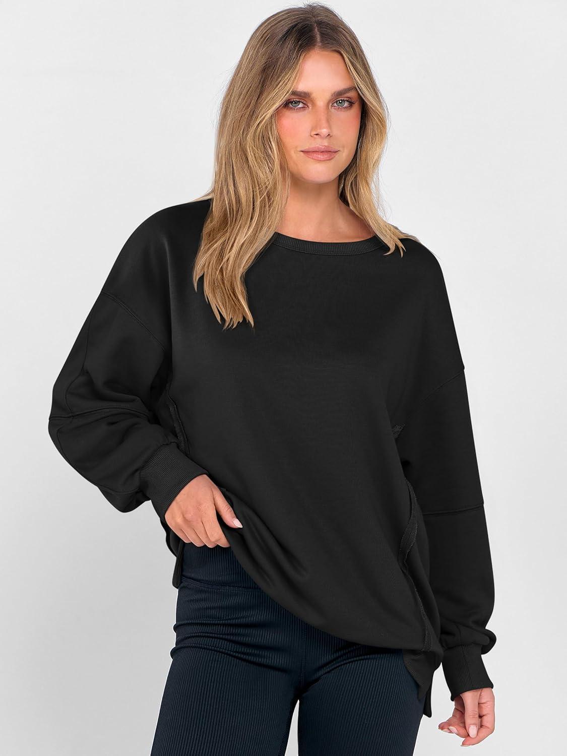 imageANRABESS Women Oversized Long Sleeve Sweatshirts Crewneck Side Slit Loose Teen Girl Pullover Top 2025 Fall Y2K Trendy OutfitsBlack