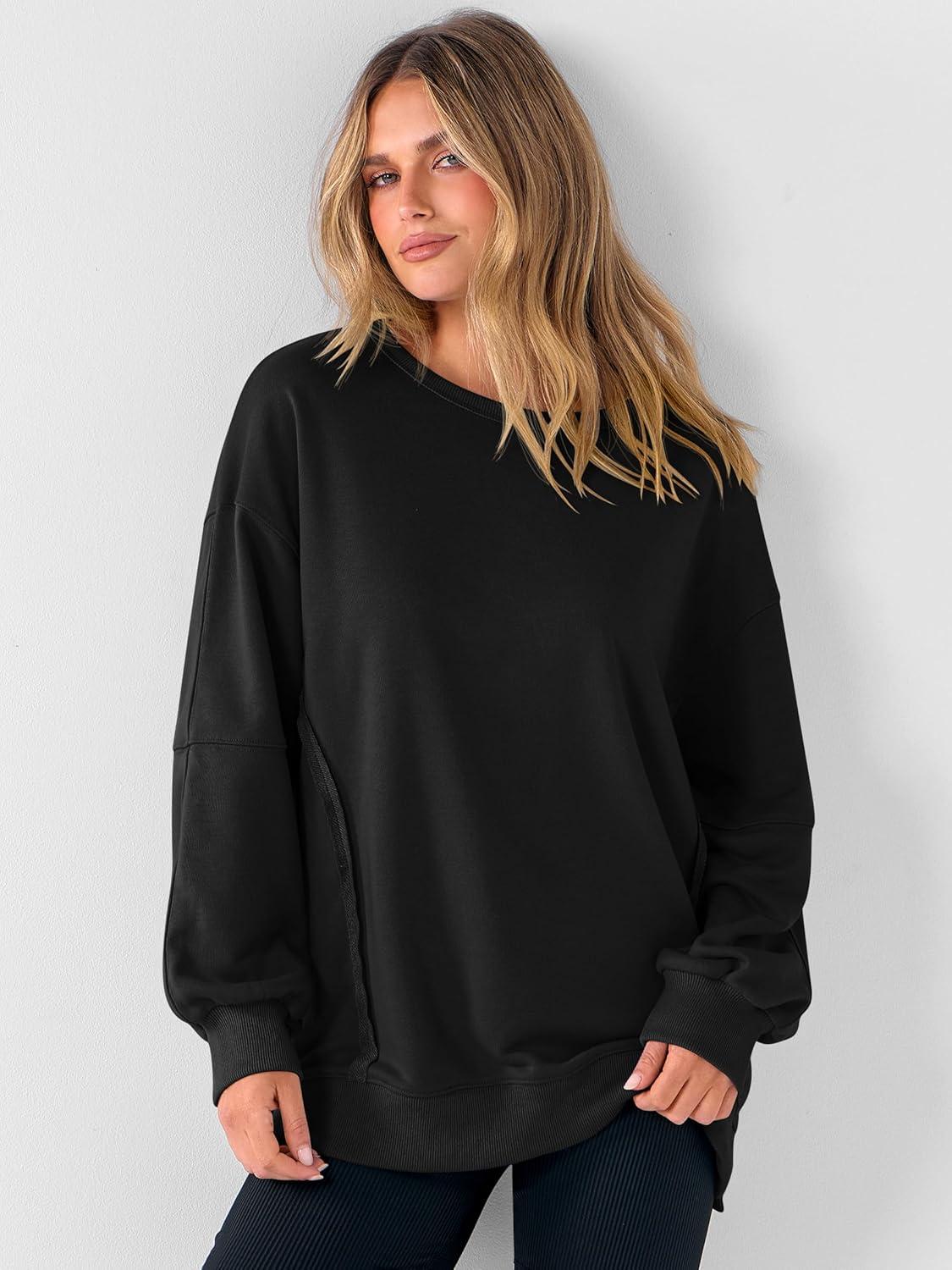 imageANRABESS Women Oversized Long Sleeve Sweatshirts Crewneck Side Slit Loose Teen Girl Pullover Top 2025 Fall Y2K Trendy OutfitsBlack