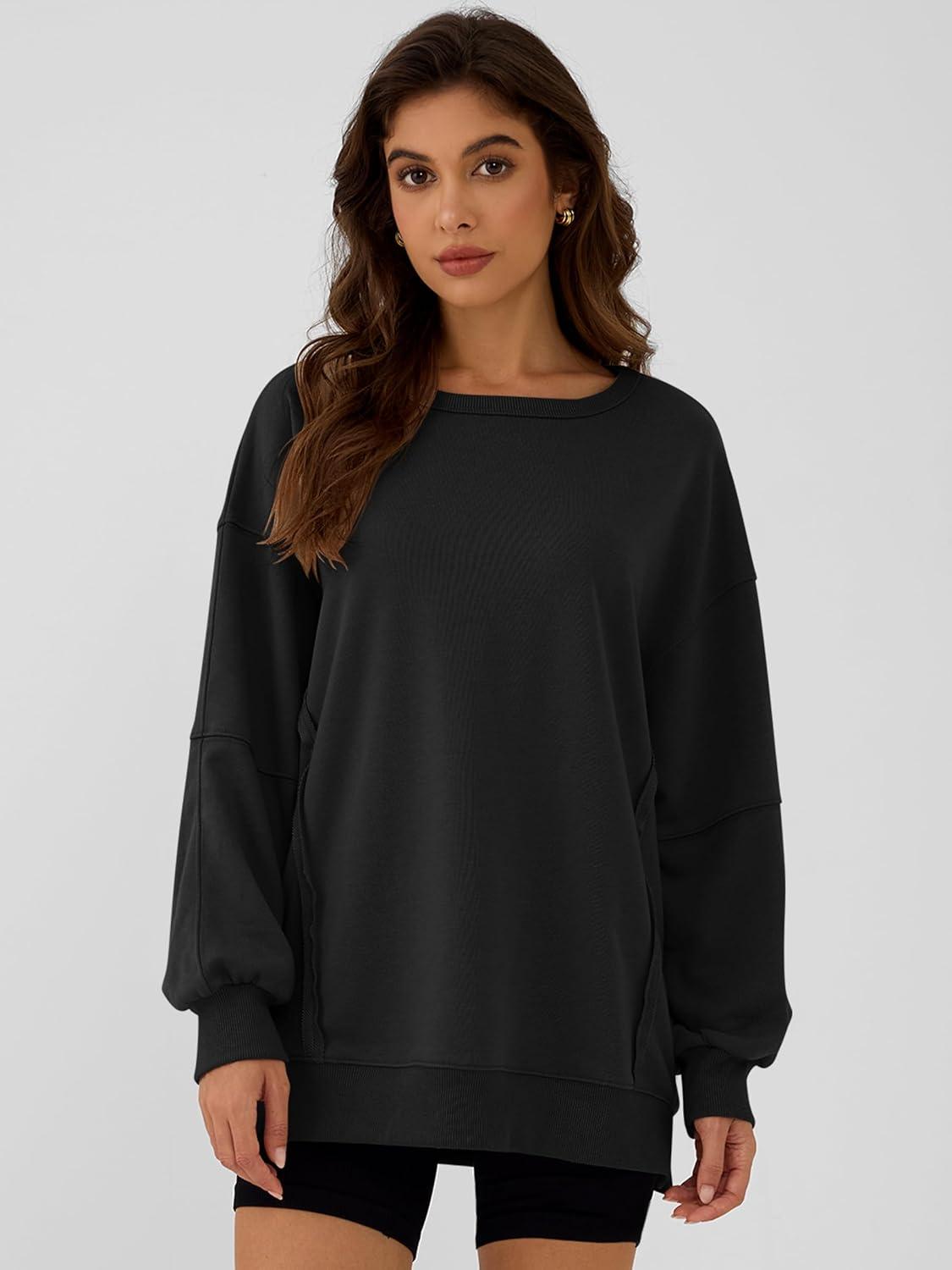 imageANRABESS Women Oversized Long Sleeve Sweatshirts Crewneck Side Slit Loose Teen Girl Pullover Top 2025 Fall Y2K Trendy OutfitsBlack