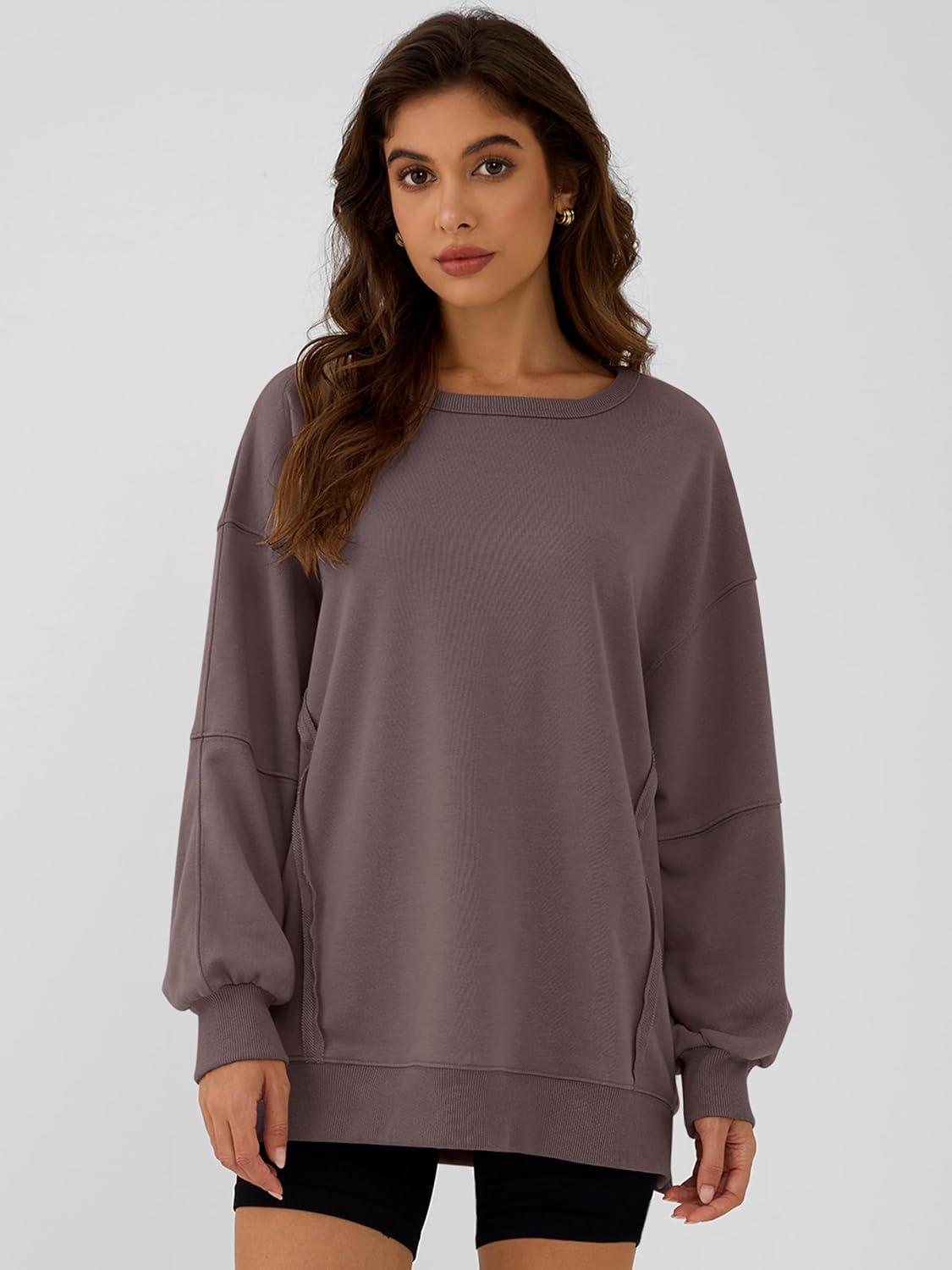 imageANRABESS Women Oversized Long Sleeve Sweatshirts Crewneck Side Slit Loose Teen Girl Pullover Top 2025 Fall Y2K Trendy OutfitsCamel