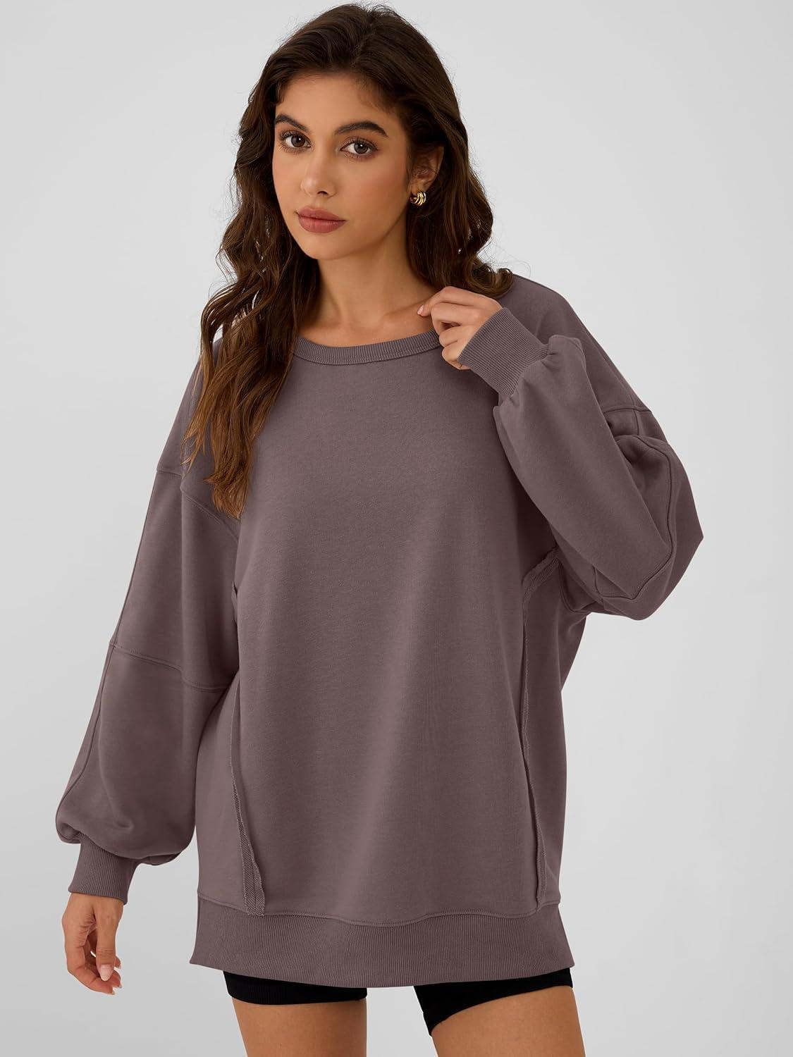 imageANRABESS Women Oversized Long Sleeve Sweatshirts Crewneck Side Slit Loose Teen Girl Pullover Top 2025 Fall Y2K Trendy OutfitsCamel