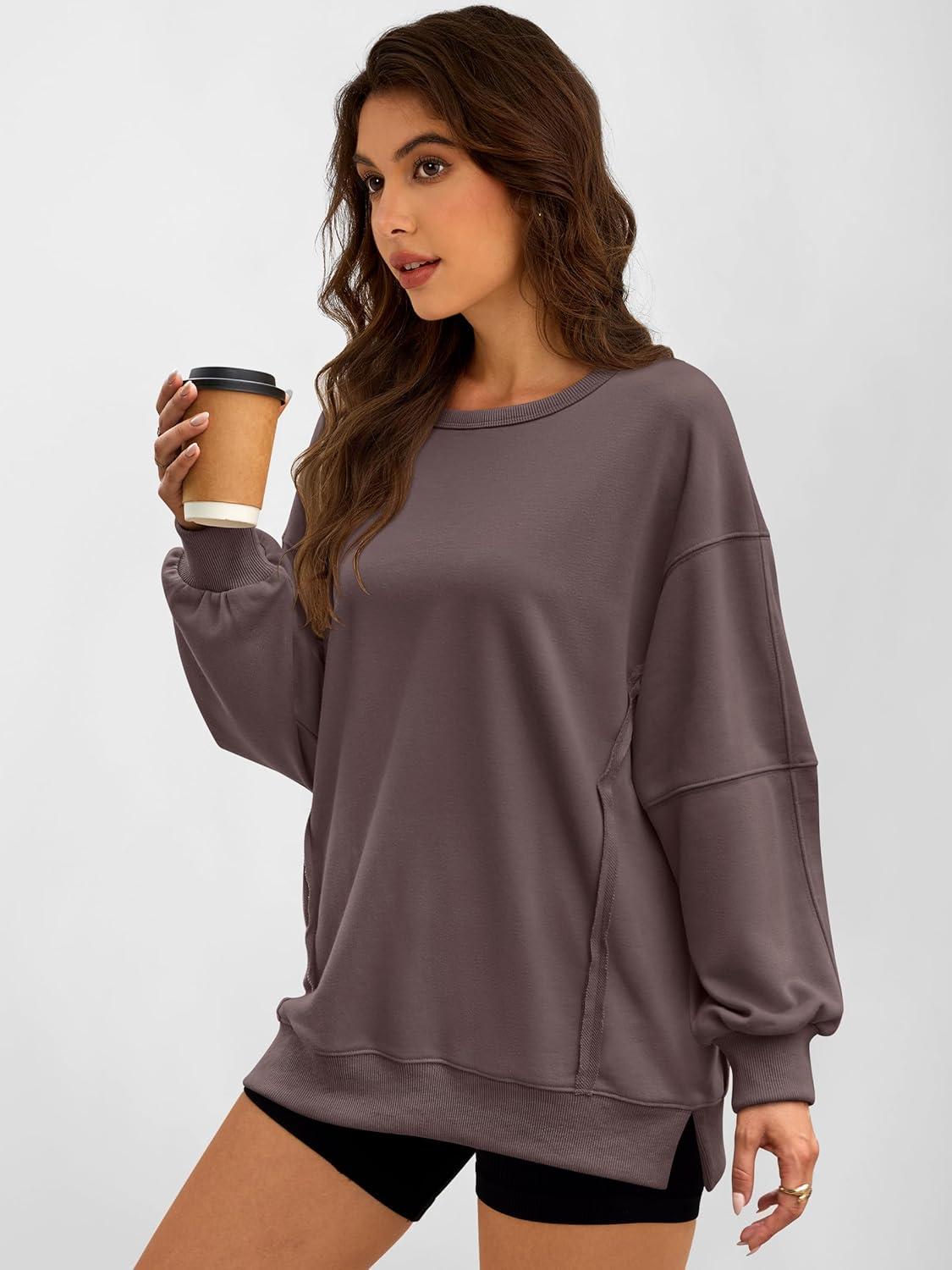 imageANRABESS Women Oversized Long Sleeve Sweatshirts Crewneck Side Slit Loose Teen Girl Pullover Top 2025 Fall Y2K Trendy OutfitsCamel