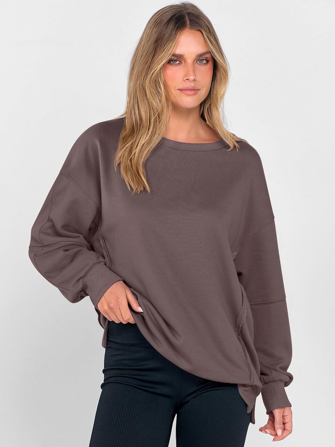 imageANRABESS Women Oversized Long Sleeve Sweatshirts Crewneck Side Slit Loose Teen Girl Pullover Top 2025 Fall Y2K Trendy OutfitsCamel