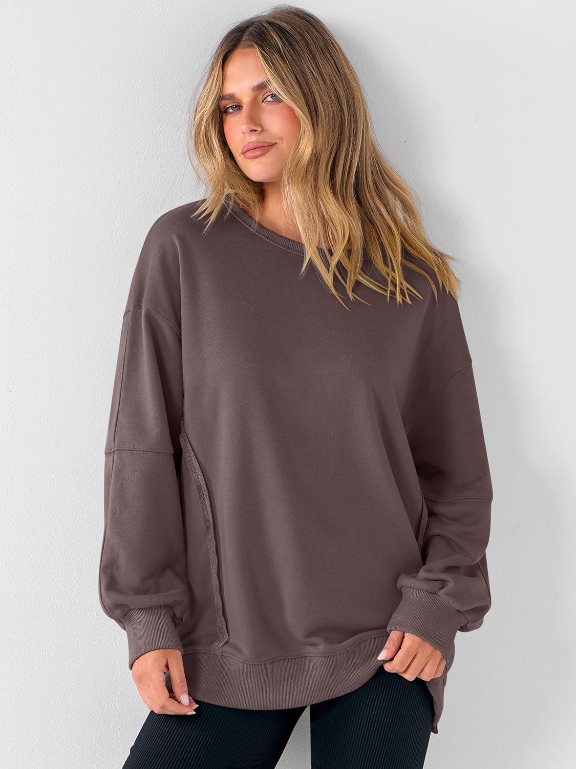 imageANRABESS Women Oversized Long Sleeve Sweatshirts Crewneck Side Slit Loose Teen Girl Pullover Top 2025 Fall Y2K Trendy OutfitsCamel