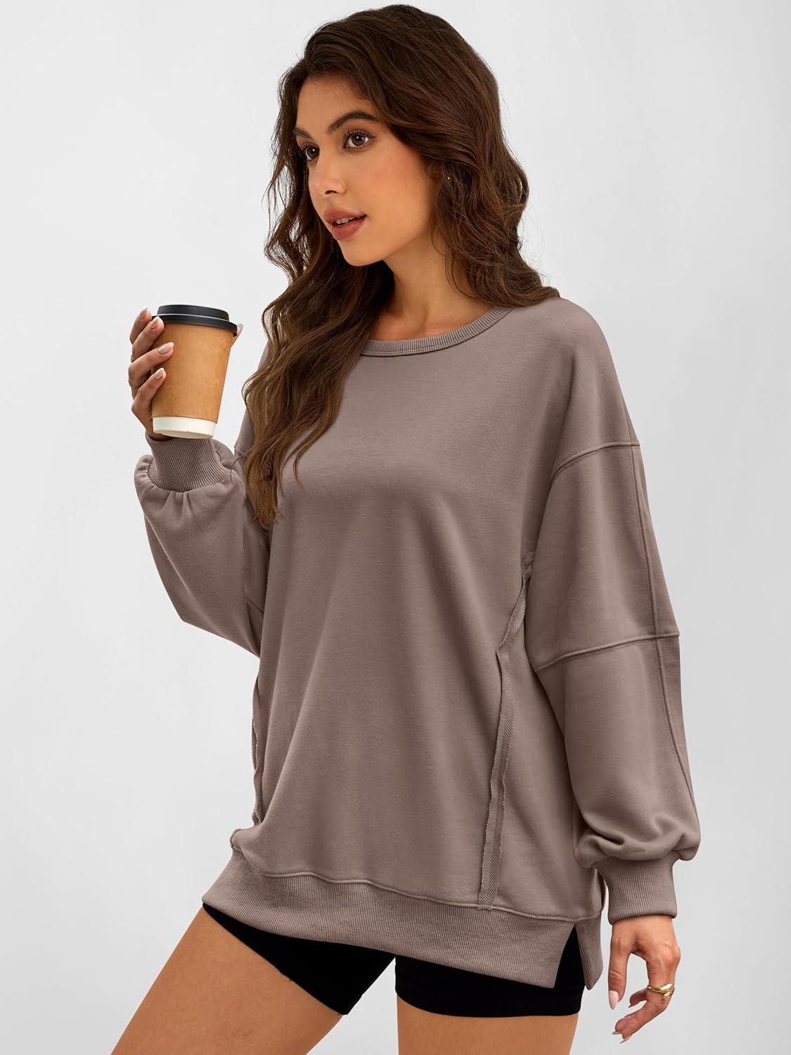 imageANRABESS Women Oversized Long Sleeve Sweatshirts Crewneck Side Slit Loose Teen Girl Pullover Top 2025 Fall Y2K Trendy OutfitsKhaki