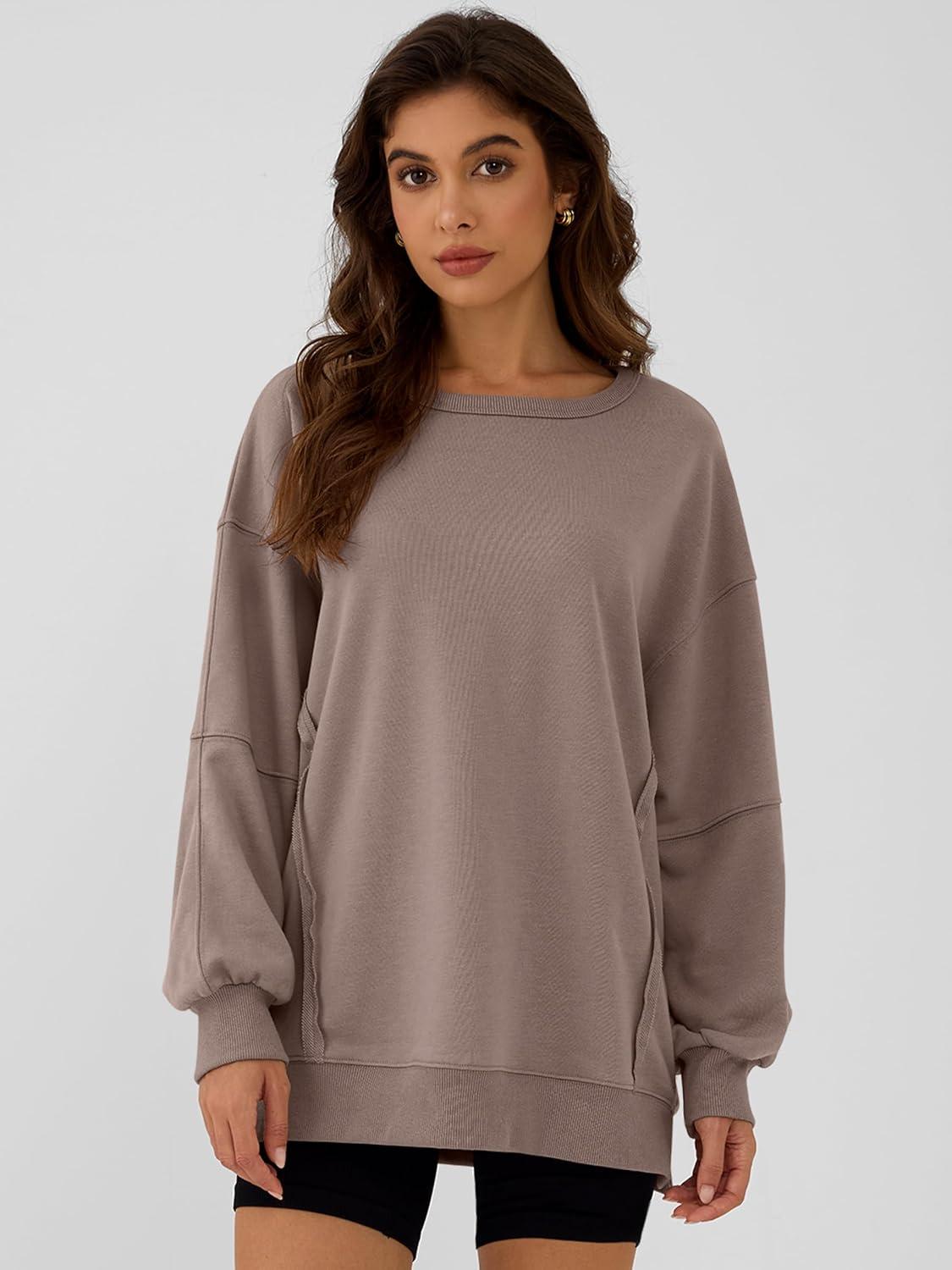 imageANRABESS Women Oversized Long Sleeve Sweatshirts Crewneck Side Slit Loose Teen Girl Pullover Top 2025 Fall Y2K Trendy OutfitsKhaki