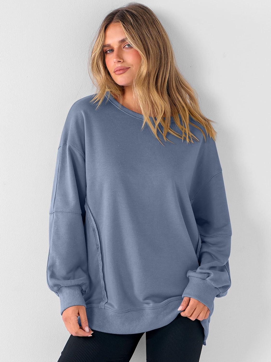 imageANRABESS Women Oversized Long Sleeve Sweatshirts Crewneck Side Slit Loose Teen Girl Pullover Top 2025 Fall Y2K Trendy OutfitsLight Blue