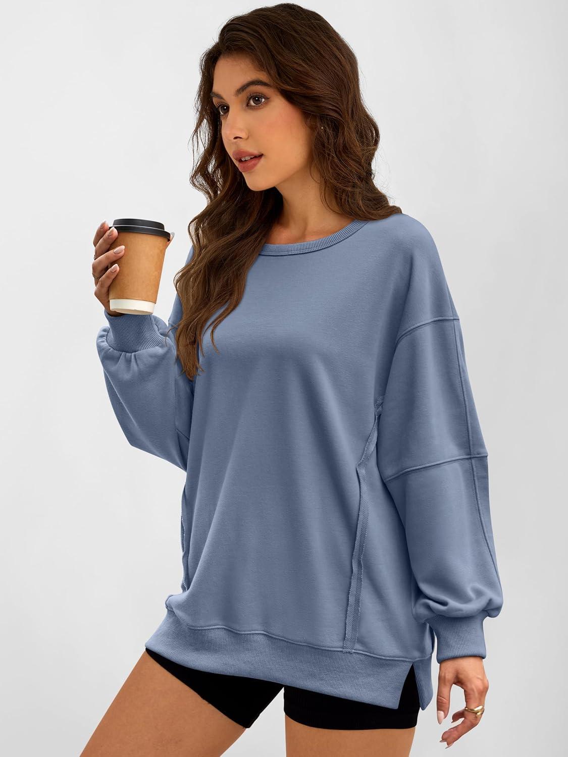 imageANRABESS Women Oversized Long Sleeve Sweatshirts Crewneck Side Slit Loose Teen Girl Pullover Top 2025 Fall Y2K Trendy OutfitsLight Blue