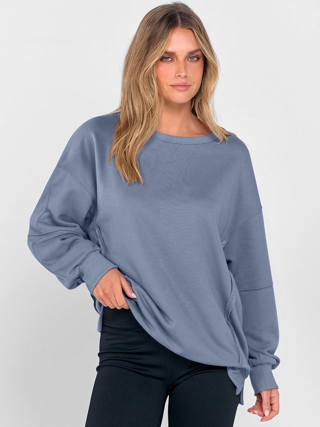 imageANRABESS Women Oversized Long Sleeve Sweatshirts Crewneck Side Slit Loose Teen Girl Pullover Top 2025 Fall Y2K Trendy OutfitsLight Blue