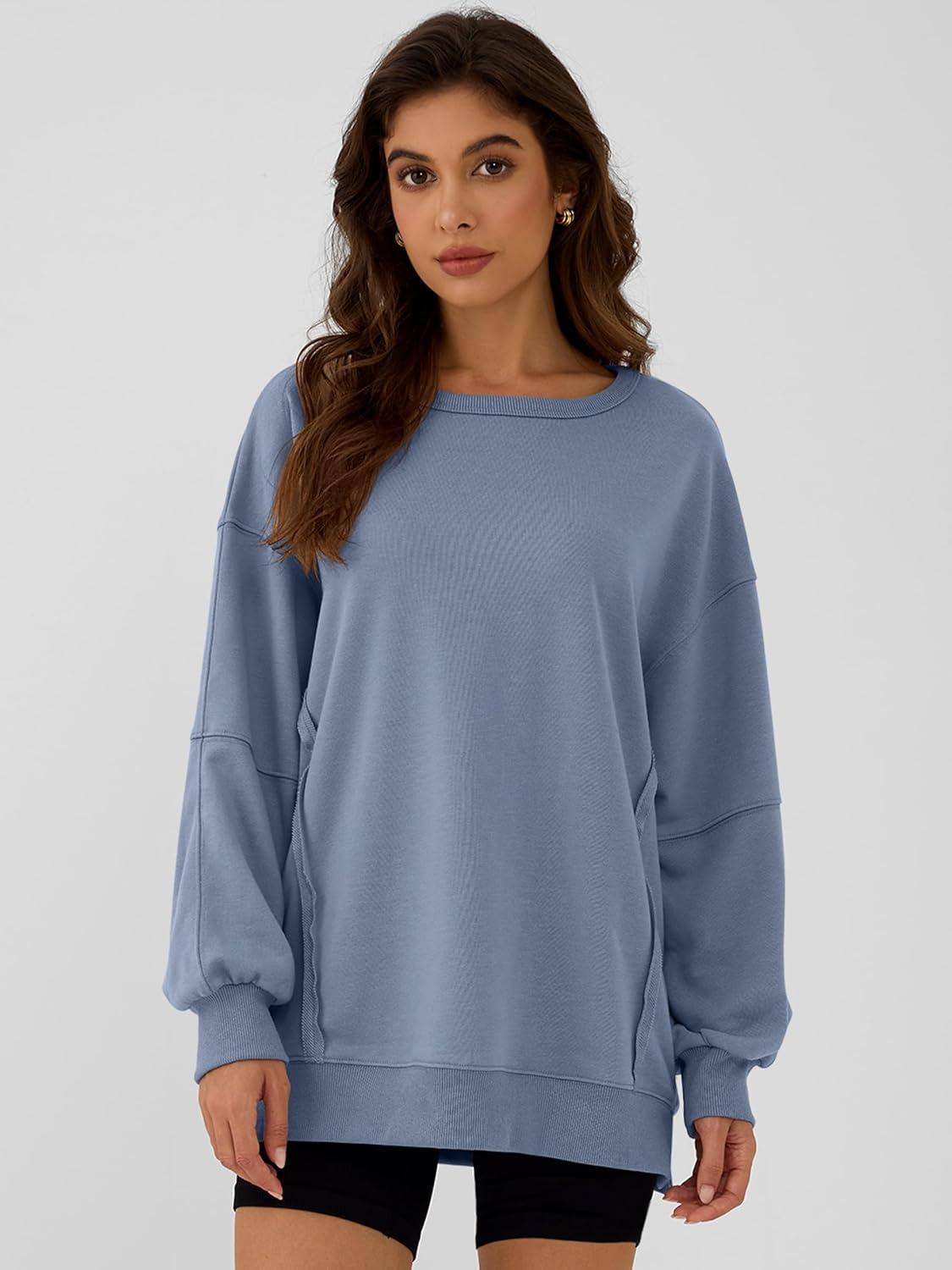 imageANRABESS Women Oversized Long Sleeve Sweatshirts Crewneck Side Slit Loose Teen Girl Pullover Top 2025 Fall Y2K Trendy OutfitsLight Blue