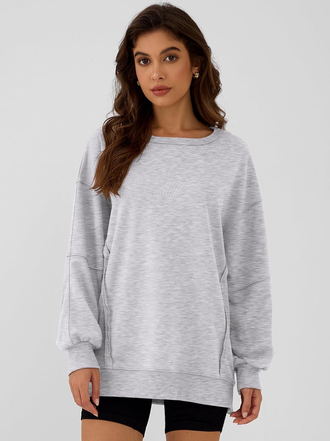 imageANRABESS Women Oversized Long Sleeve Sweatshirts Crewneck Side Slit Loose Teen Girl Pullover Top 2025 Fall Y2K Trendy OutfitsLight Grey