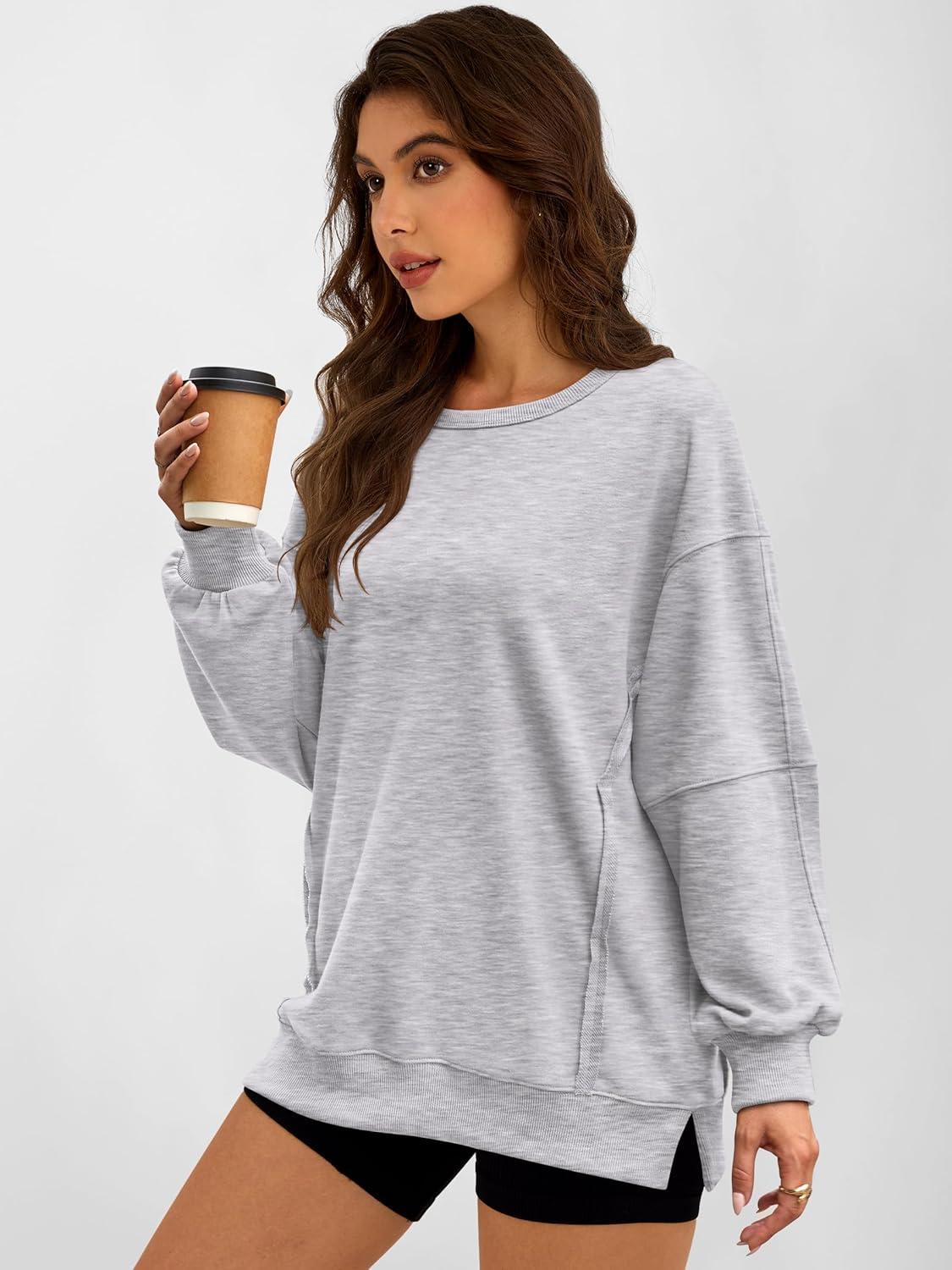 imageANRABESS Women Oversized Long Sleeve Sweatshirts Crewneck Side Slit Loose Teen Girl Pullover Top 2025 Fall Y2K Trendy OutfitsLight Grey