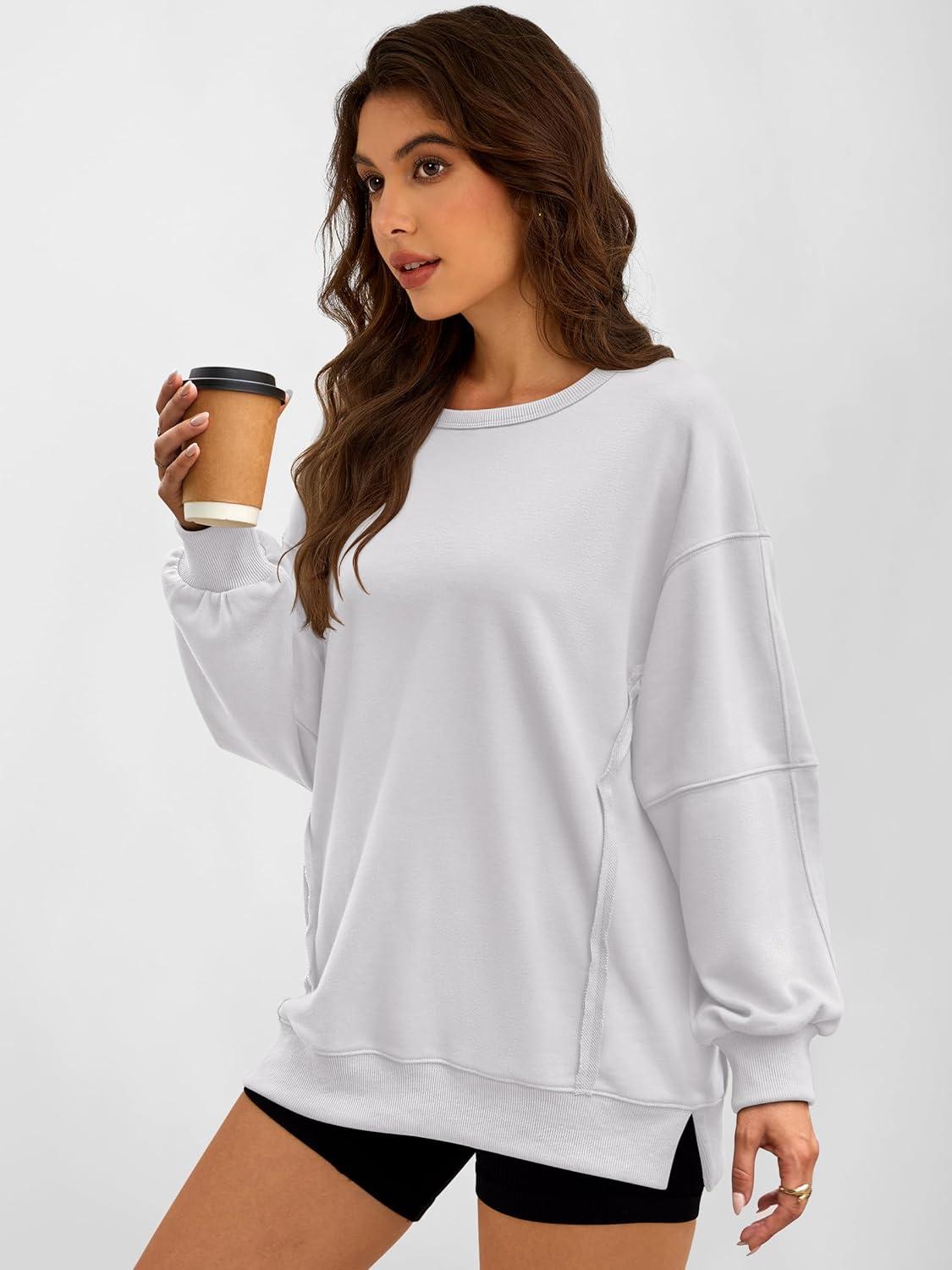 imageANRABESS Women Oversized Long Sleeve Sweatshirts Crewneck Side Slit Loose Teen Girl Pullover Top 2025 Fall Y2K Trendy OutfitsWhite