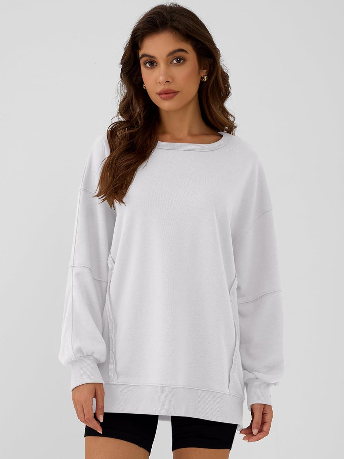 imageANRABESS Women Oversized Long Sleeve Sweatshirts Crewneck Side Slit Loose Teen Girl Pullover Top 2025 Fall Y2K Trendy OutfitsWhite
