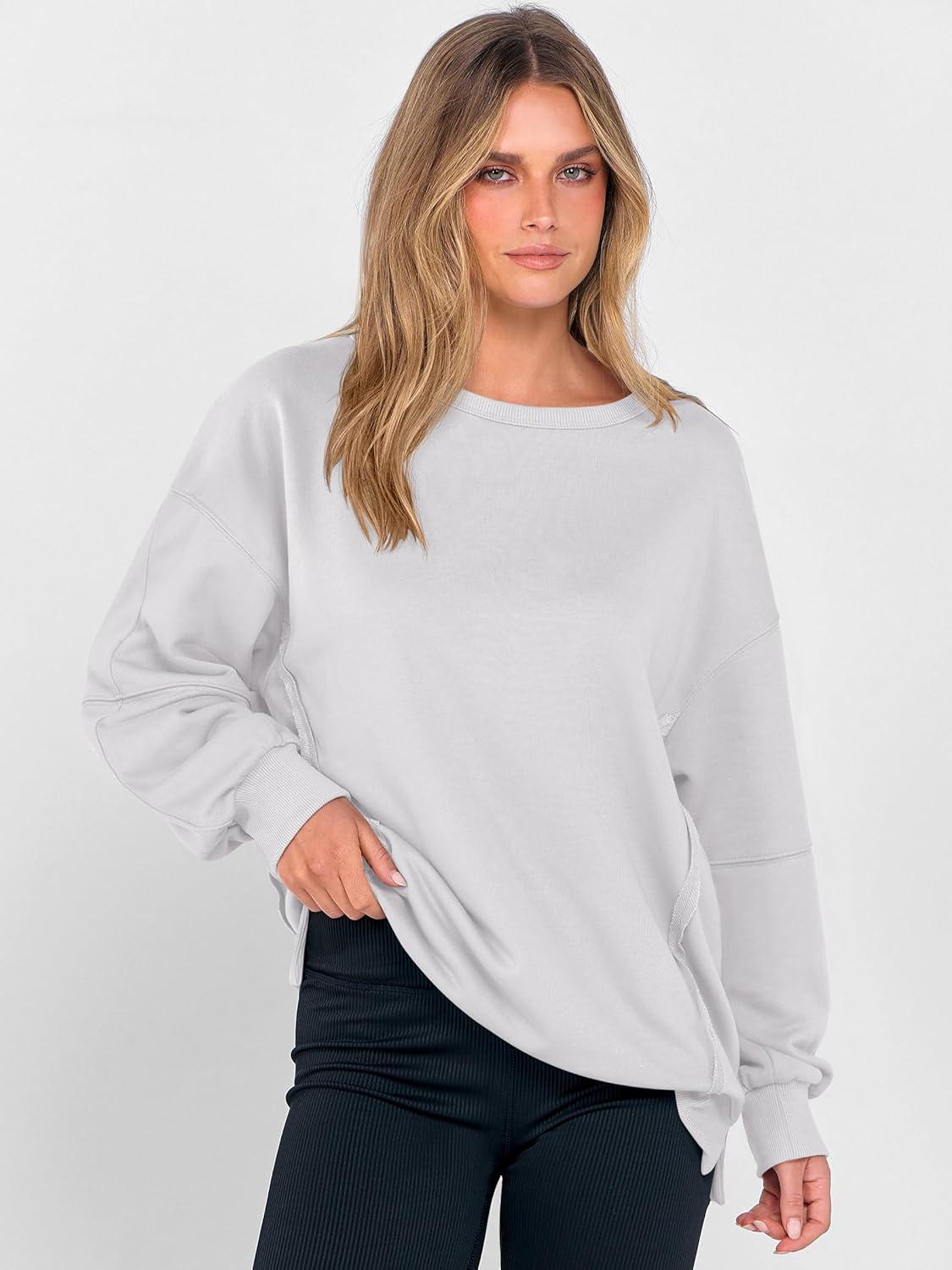 imageANRABESS Women Oversized Long Sleeve Sweatshirts Crewneck Side Slit Loose Teen Girl Pullover Top 2025 Fall Y2K Trendy OutfitsWhite