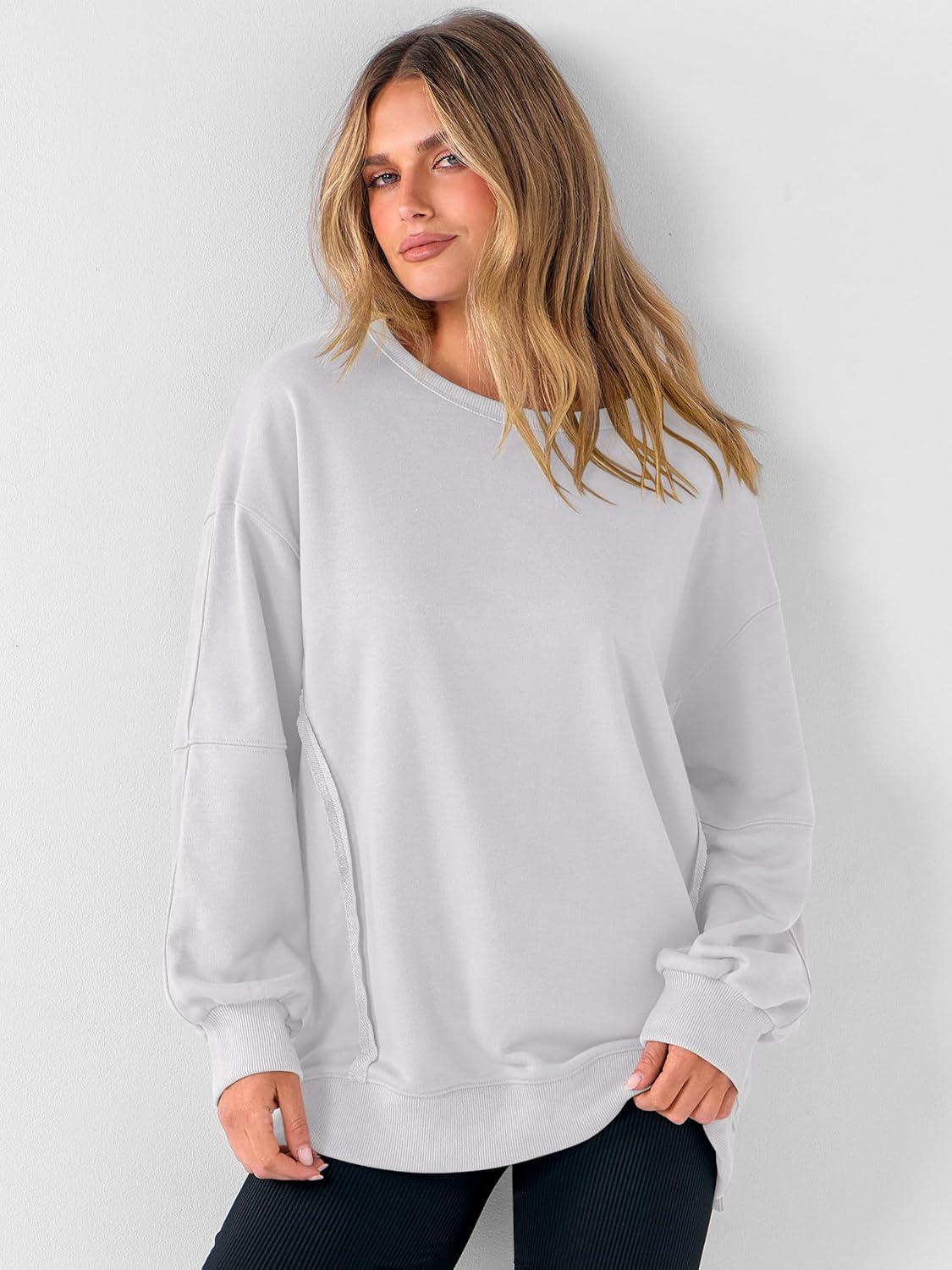 imageANRABESS Women Oversized Long Sleeve Sweatshirts Crewneck Side Slit Loose Teen Girl Pullover Top 2025 Fall Y2K Trendy OutfitsWhite