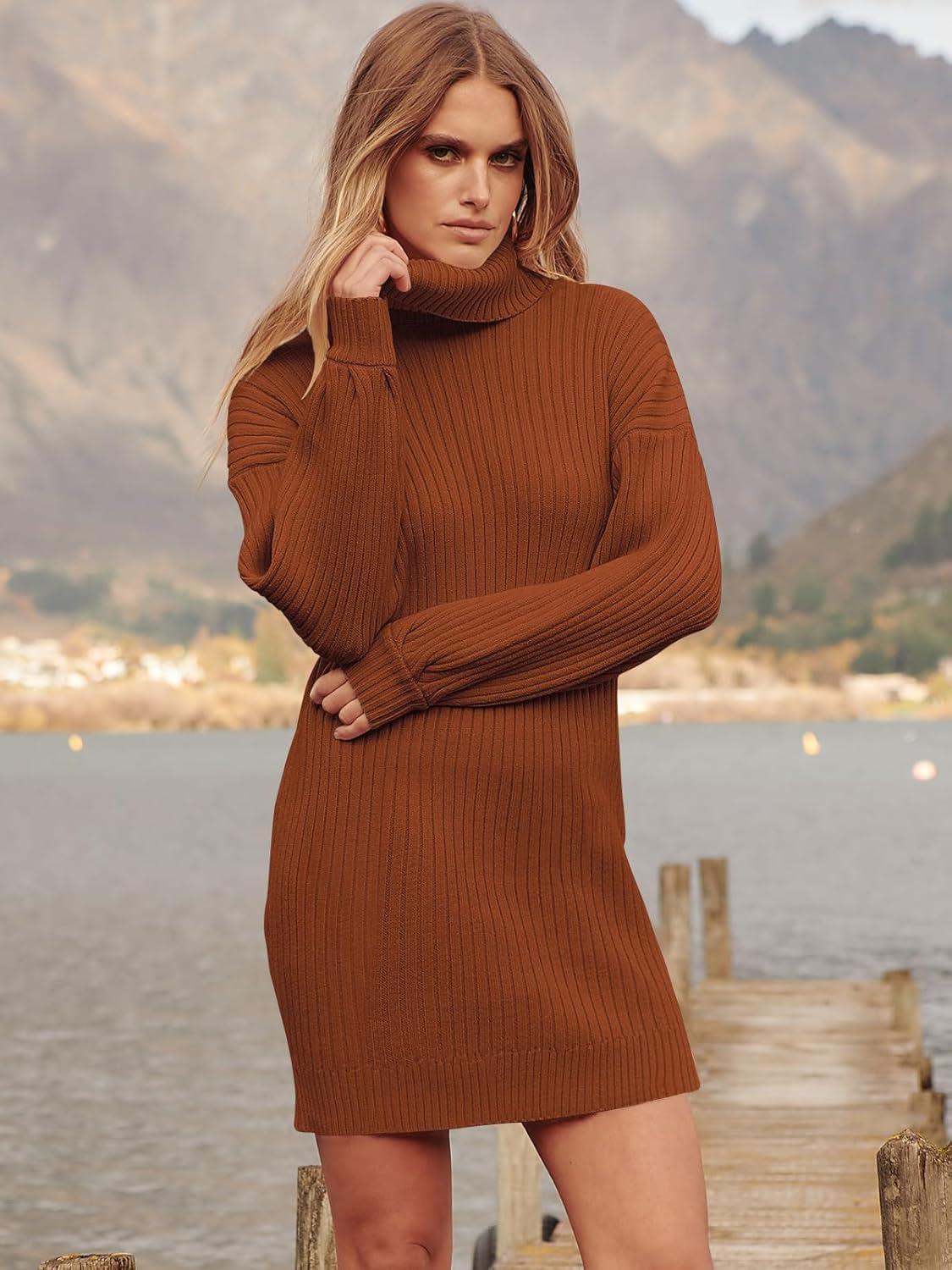 imageANRABESS Women Oversized Sweater Dress Turtleneck Batwing Long Sleeve Ribbed Knit Loose 2025 Fall Winter Casual Short DressCaramel